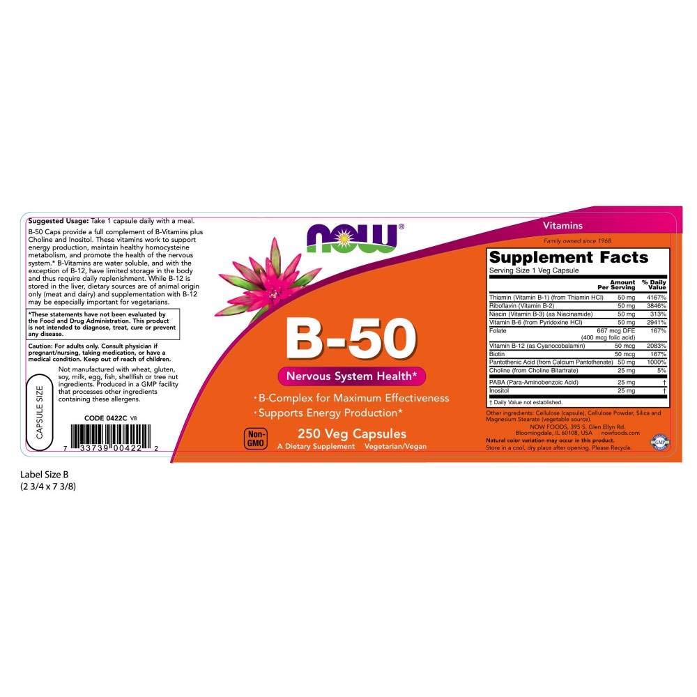NOW Foods B-50 label back shows supplement details aiding nervous system balance