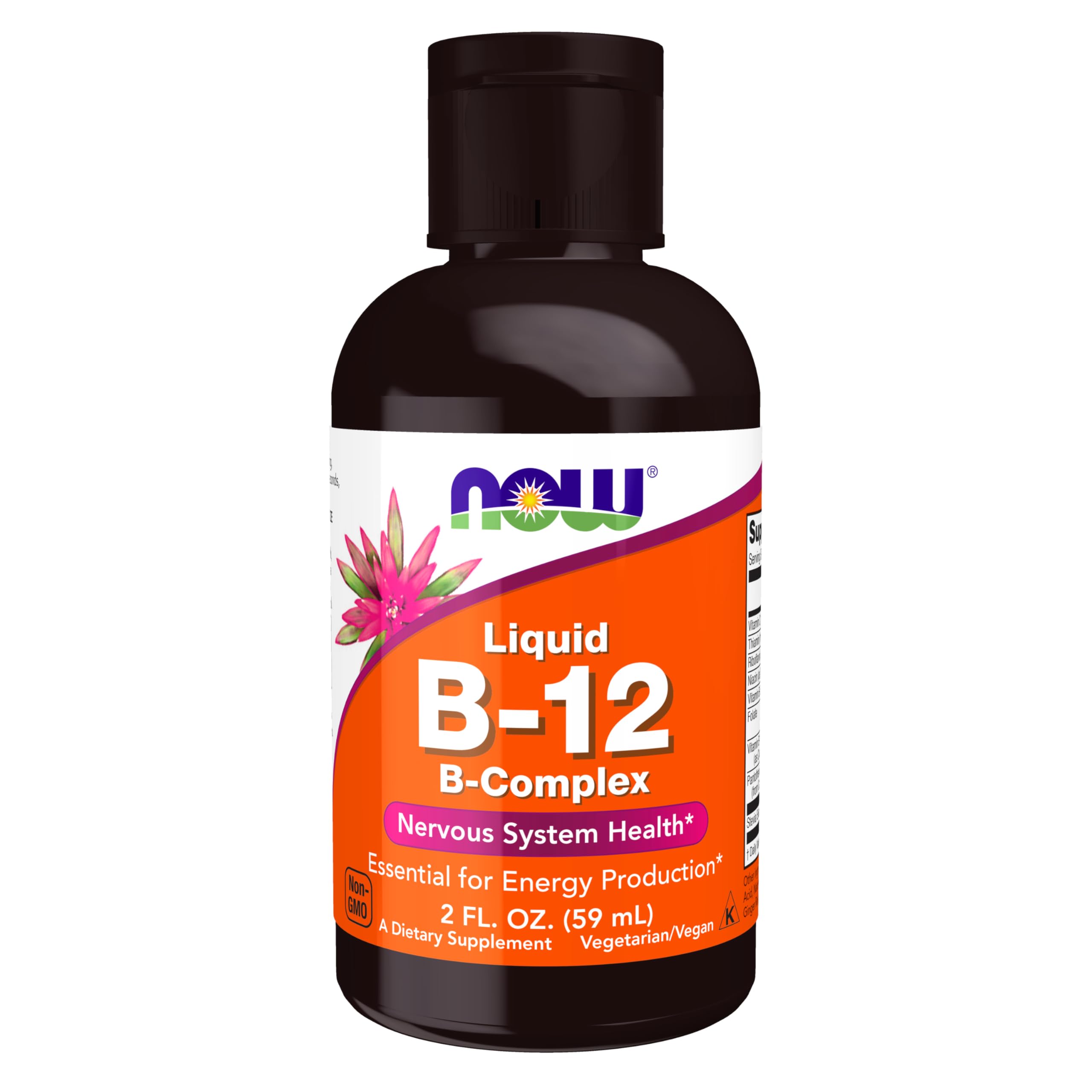 NOW Foods Vitamin B-12 Complex Liquid bottle shown for easy daily energy support.