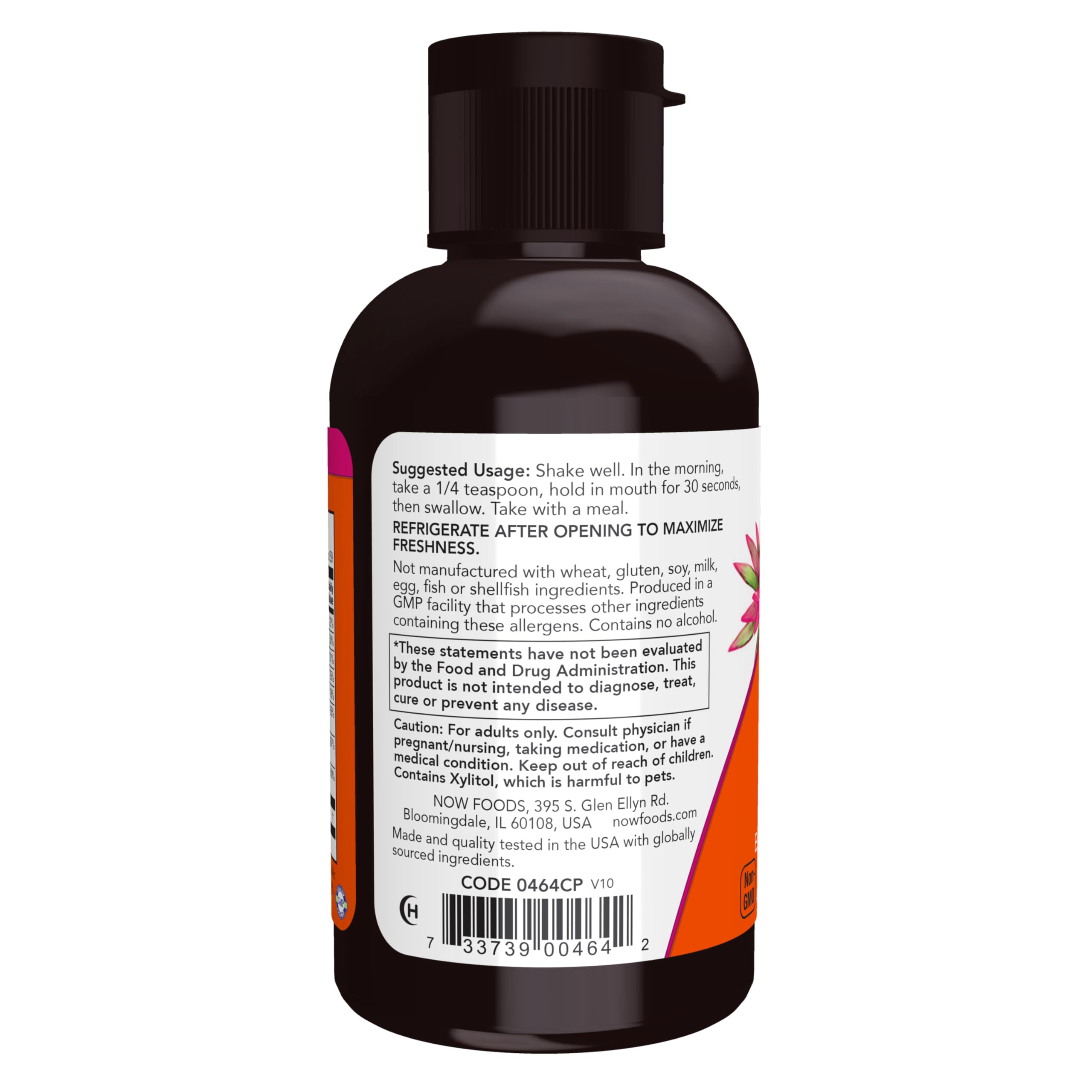 NOW Foods Vitamin B-12 Complex Liquid label highlights vegan and non-GMO certifications.
