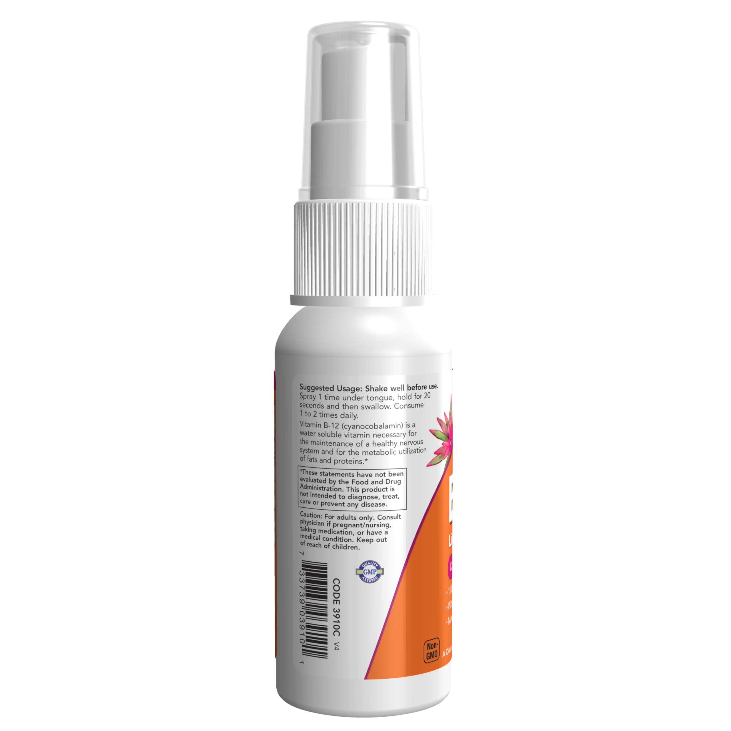 NOW Foods B-12 liposomal spray ingredients label highlighting cofactors like folic acid and B6.