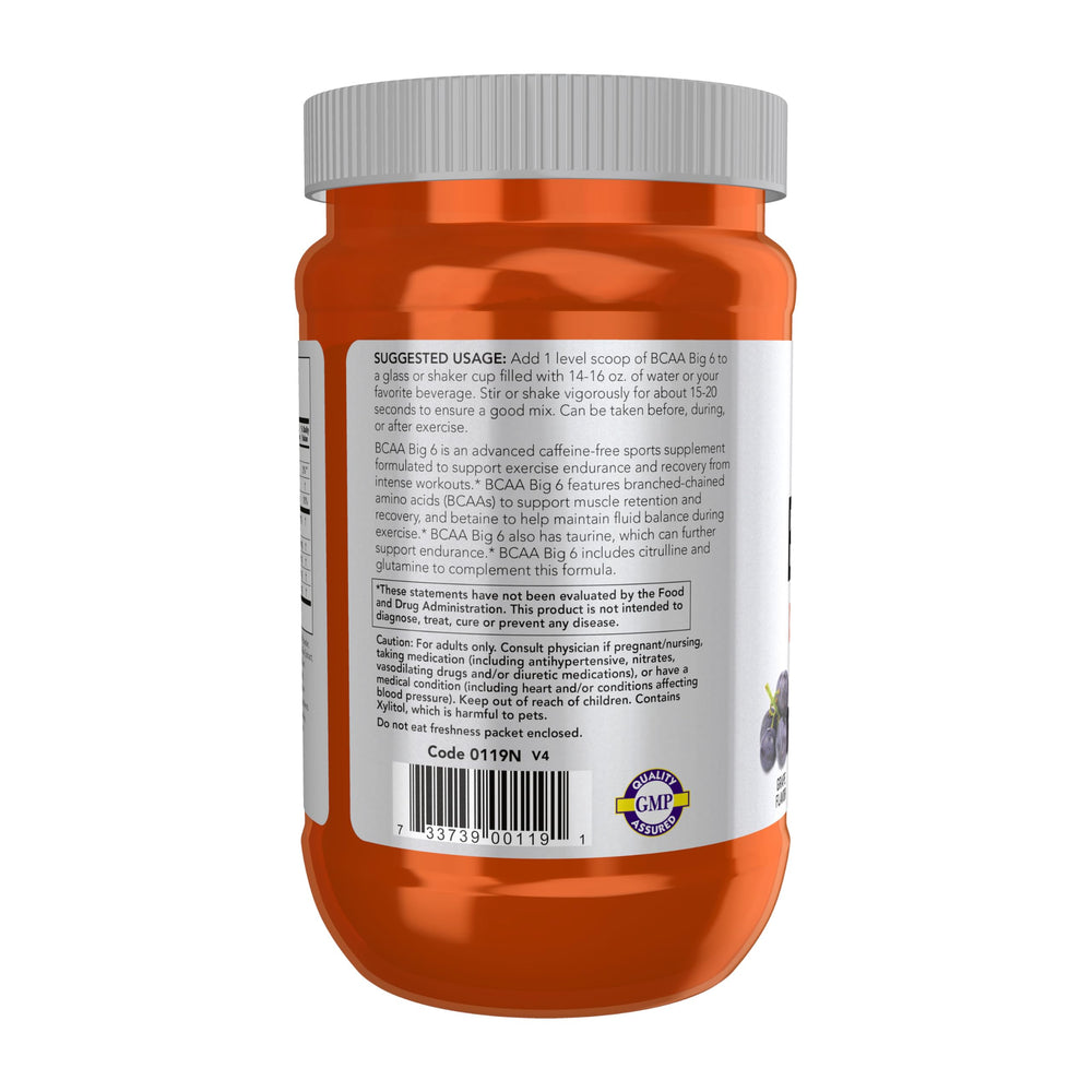NOW Foods BCAA Big 6 grape label close-up with ingredient details