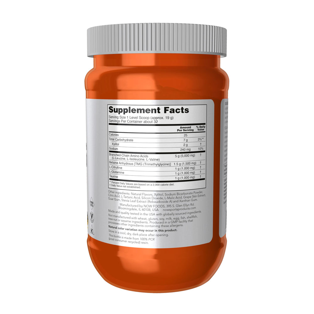 NOW Foods BCAA Big 6 grape powder scoop ready for quick mixing during training