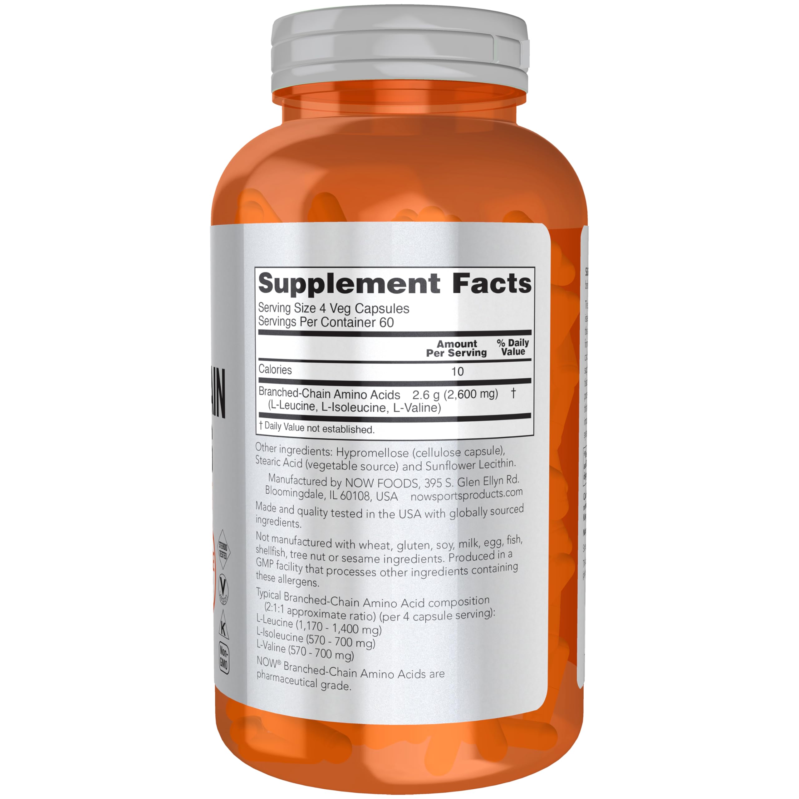 NOW Foods BCAAs capsules closeup, showing capsules for post-workout recovery