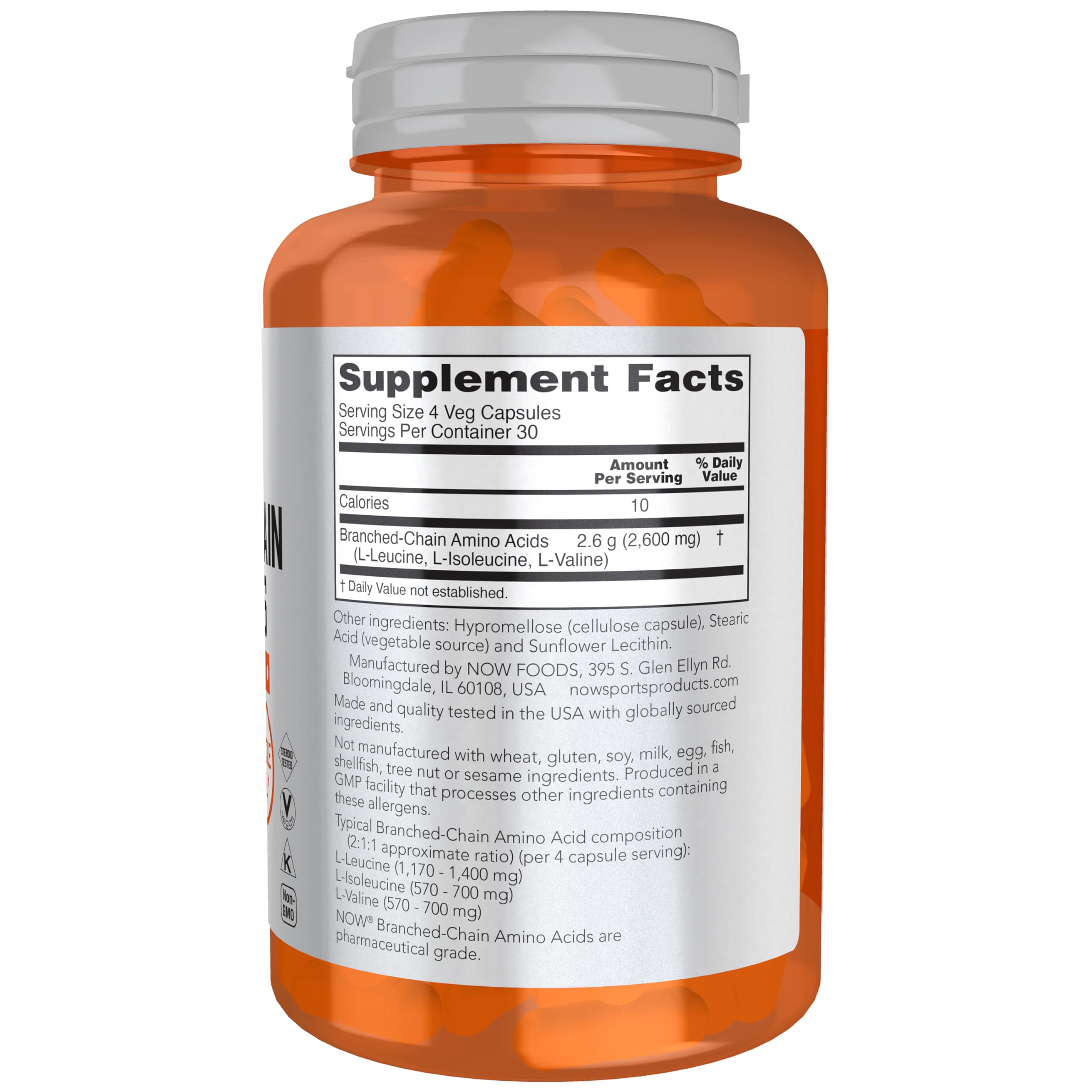 NOW Foods BCAAs capsules closeup highlighting convenient daily supplement.