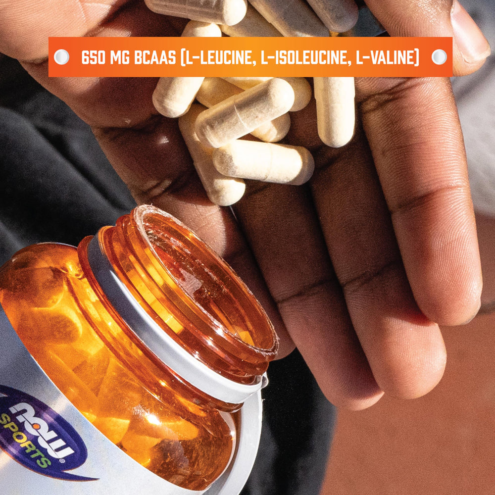 NOW Foods BCAAs label front, emphasizing essential amino acids for muscle support