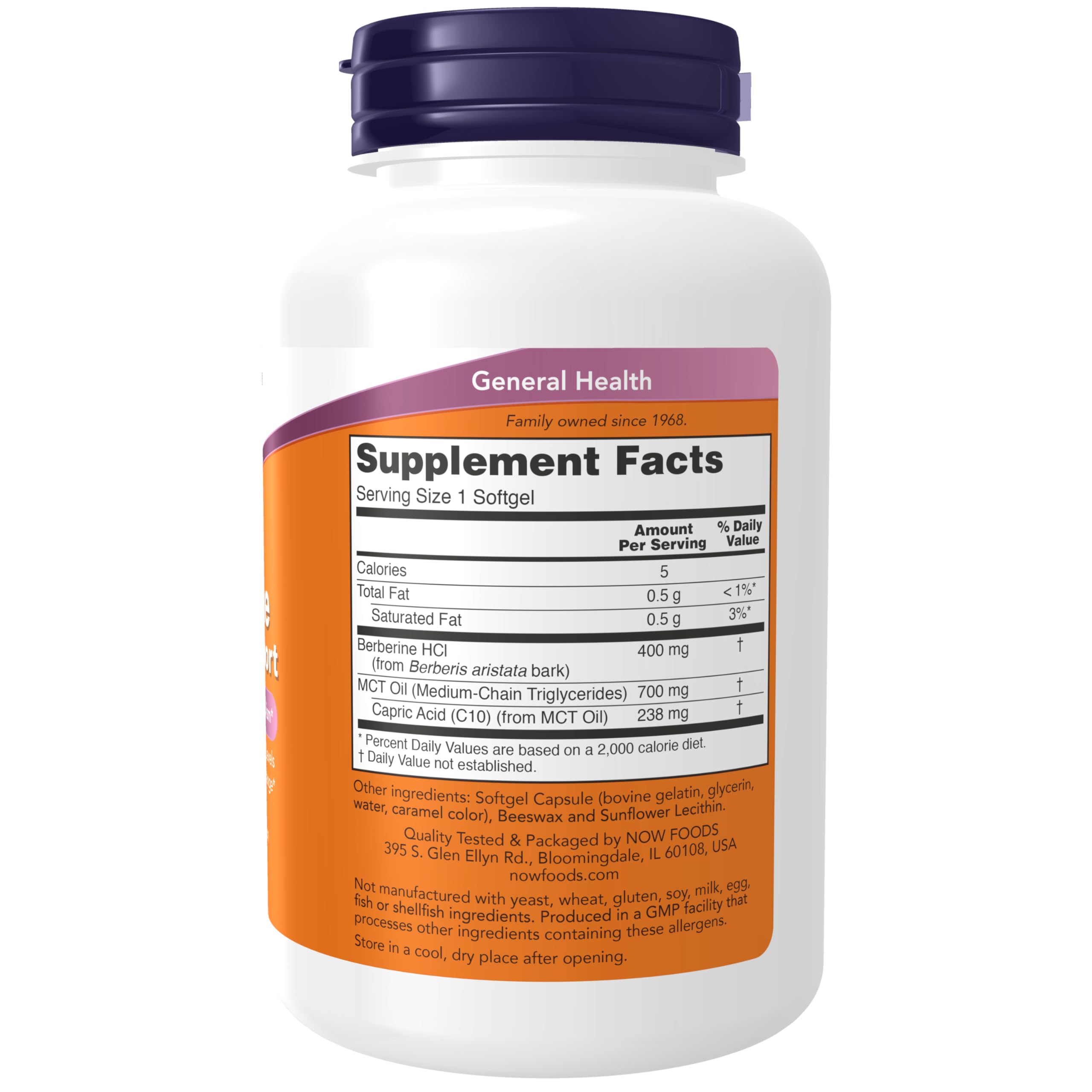 NOW Foods Berberine-mct-oil capsules closeup, highlighting enhanced absorption.