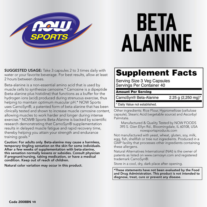NOW Foods Beta-Alanine bottle side, highlighting capsule count and usage as part of training.