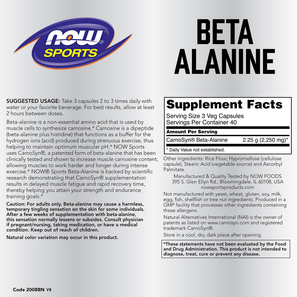 NOW Foods Beta-Alanine bottle side, highlighting capsule count and usage as part of training.