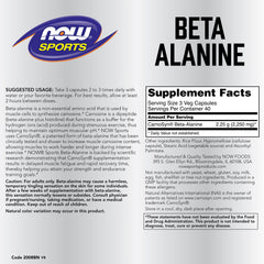 NOW Foods Beta-Alanine bottle side, highlighting capsule count and usage as part of training.