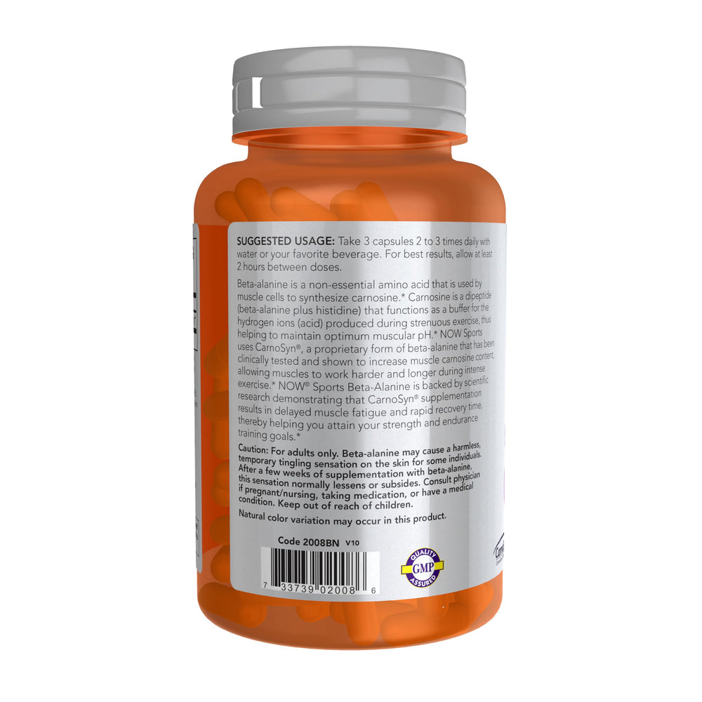 NOW Foods Beta-Alanine label with CarnoSyn logo highlights clinically studied formula