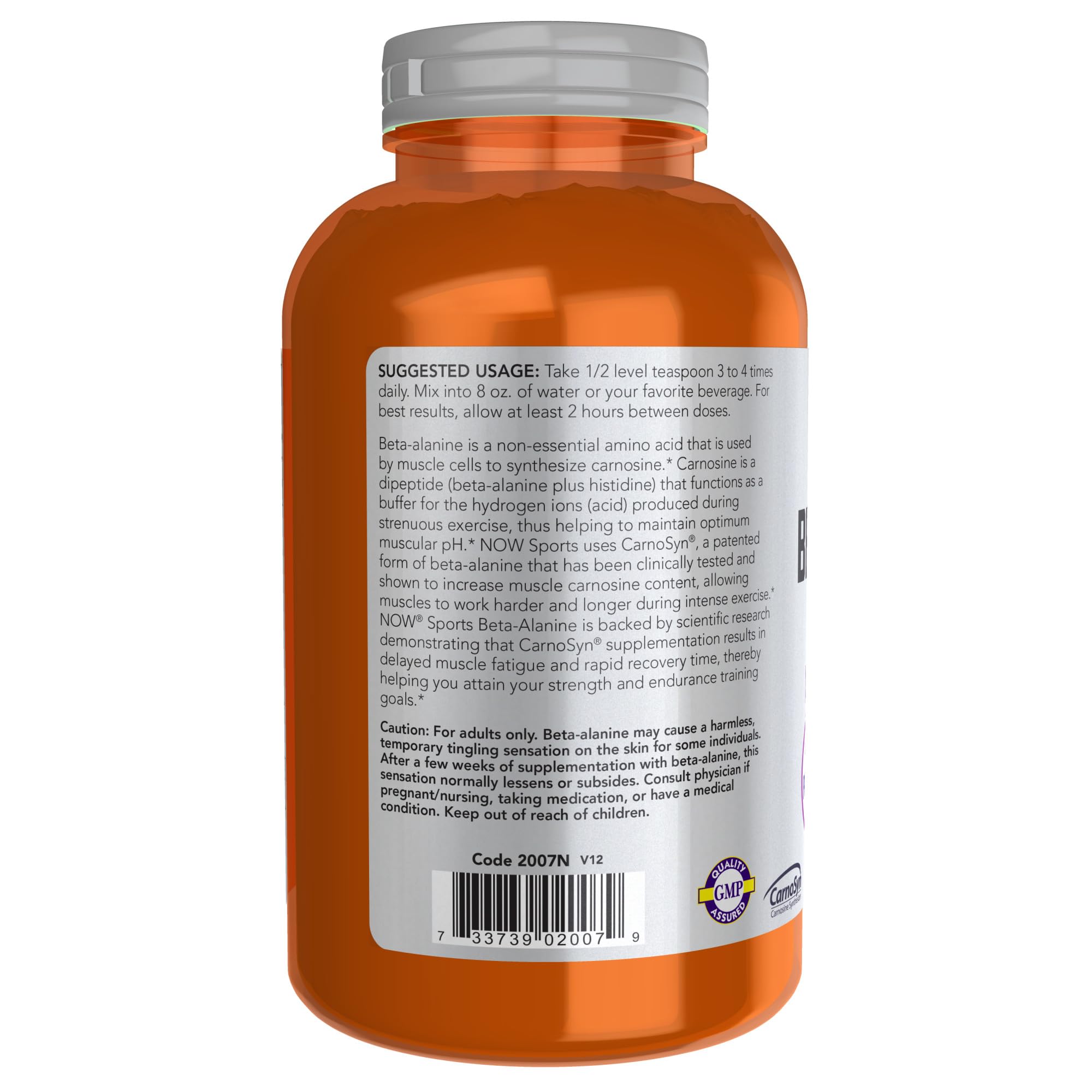 NOW Foods Beta-Alanine powder with measuring spoon enables precise daily dosing.