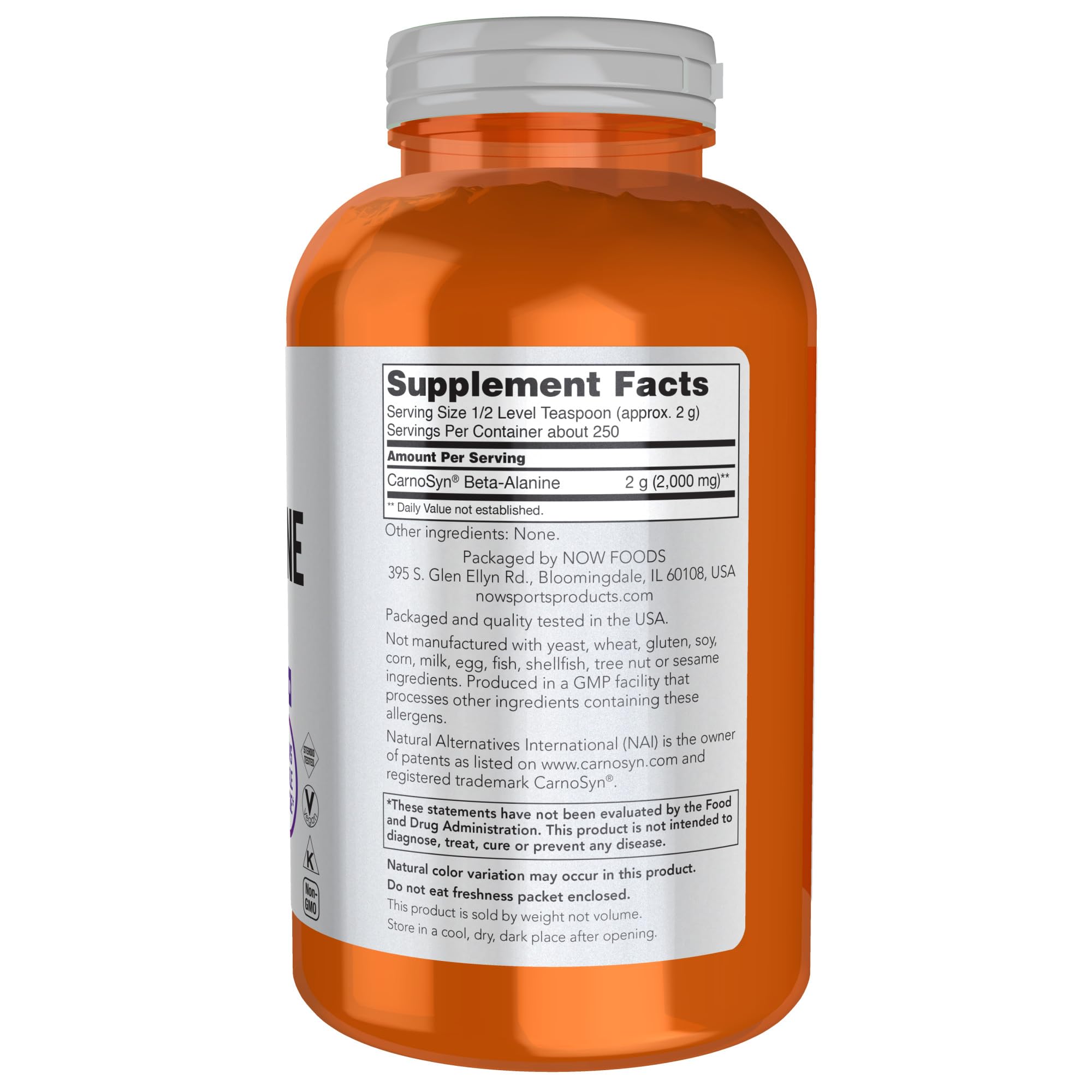 NOW Foods Beta-Alanine science label with CarnoSyn for performance support.