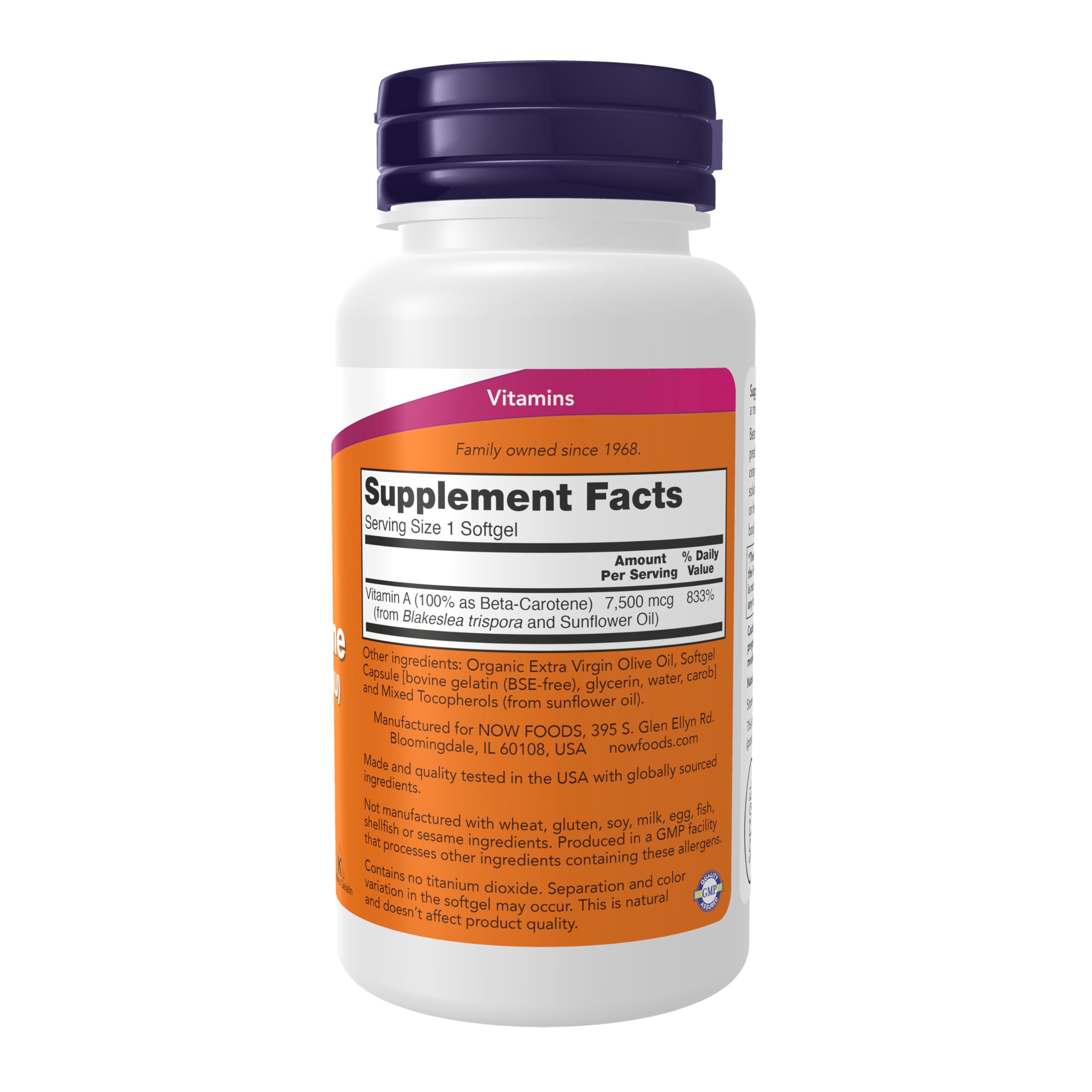 NOW Foods beta carotene softgels closeup showing compact capsules