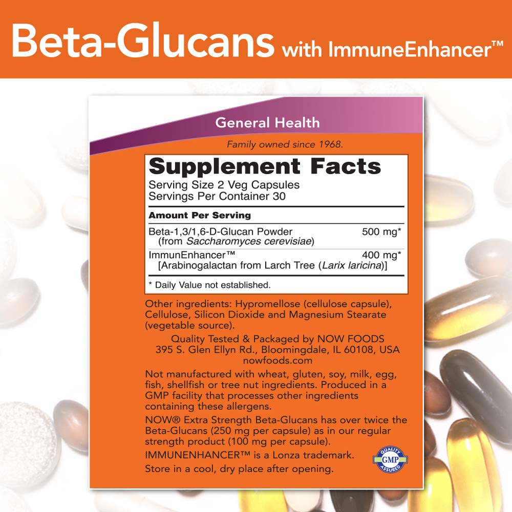 NOW Foods Beta-Glucans capsules inside container for daily immune support.