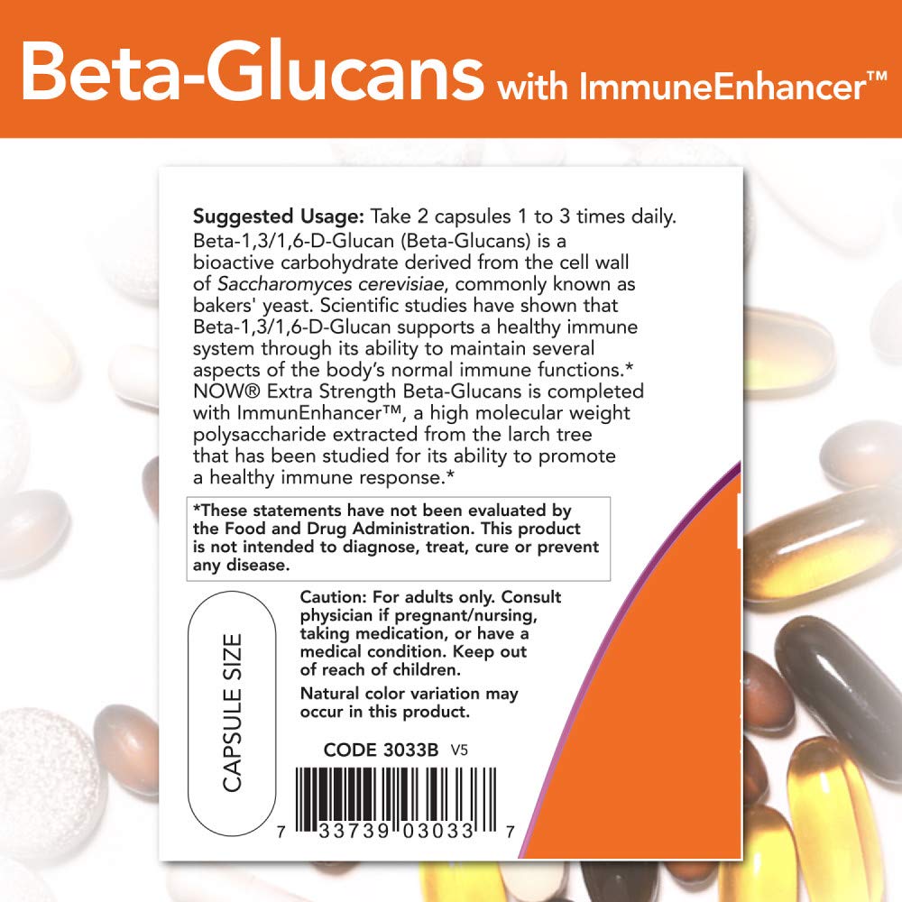 NOW Foods Beta-Glucans label close-up highlighting ImmunEnhancer ingredient.