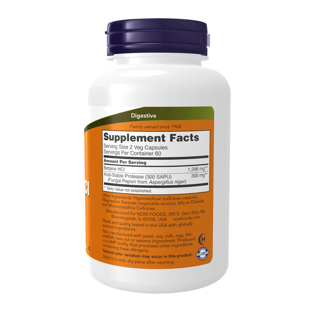 NOW Foods Betaine HCl 648 mg capsules close-up, vegetarian formula