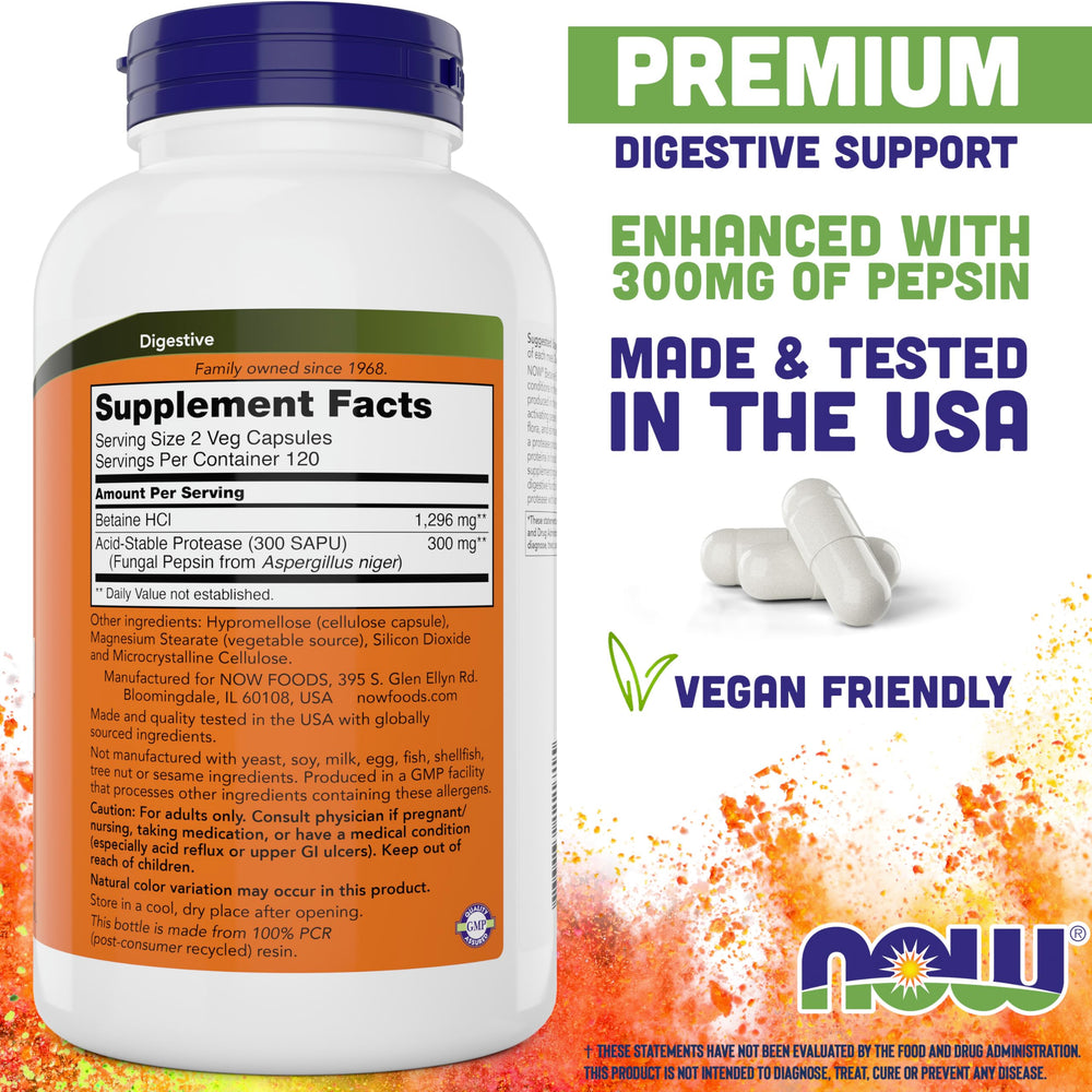 NOW Foods Betaine HCl capsules in a two-pack ready for meals