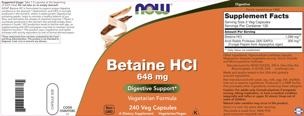 NOW Foods Betaine HCl vegetarian formula shown as vegan digestion aid