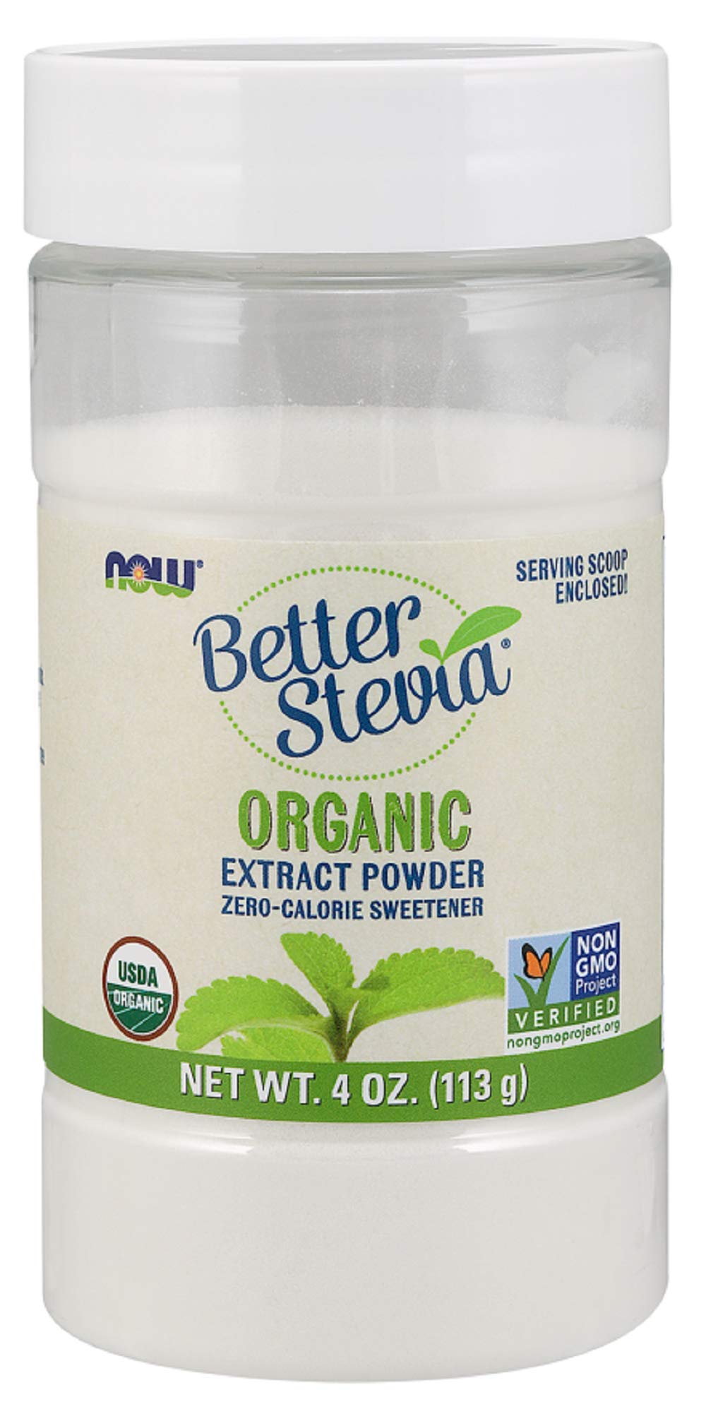 NOW Foods Better Stevia extract powder jar for zero-calorie sweetness in beverages.