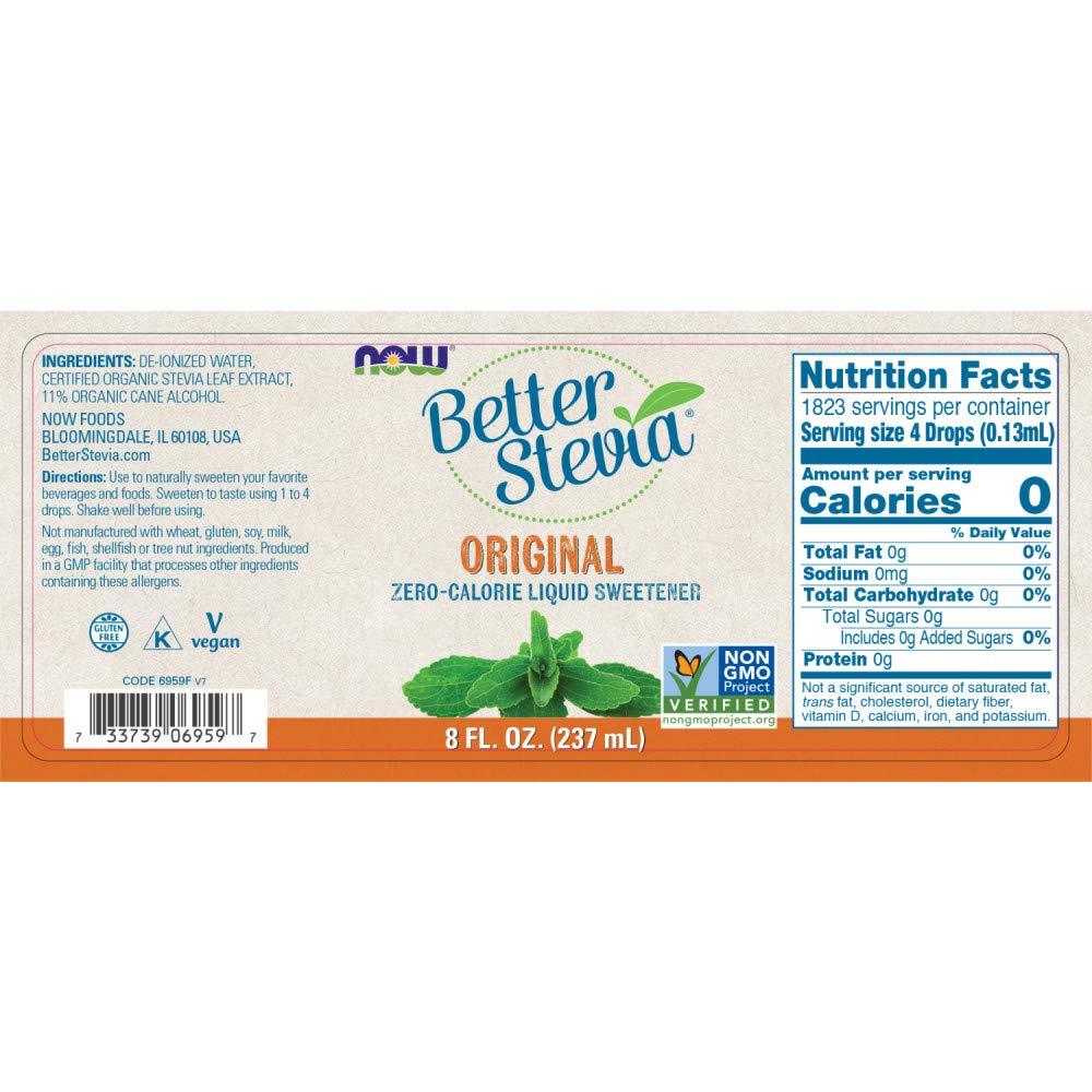 NOW Foods Better Stevia pour bottle shows quick-dissolving sweetness for beverages.
