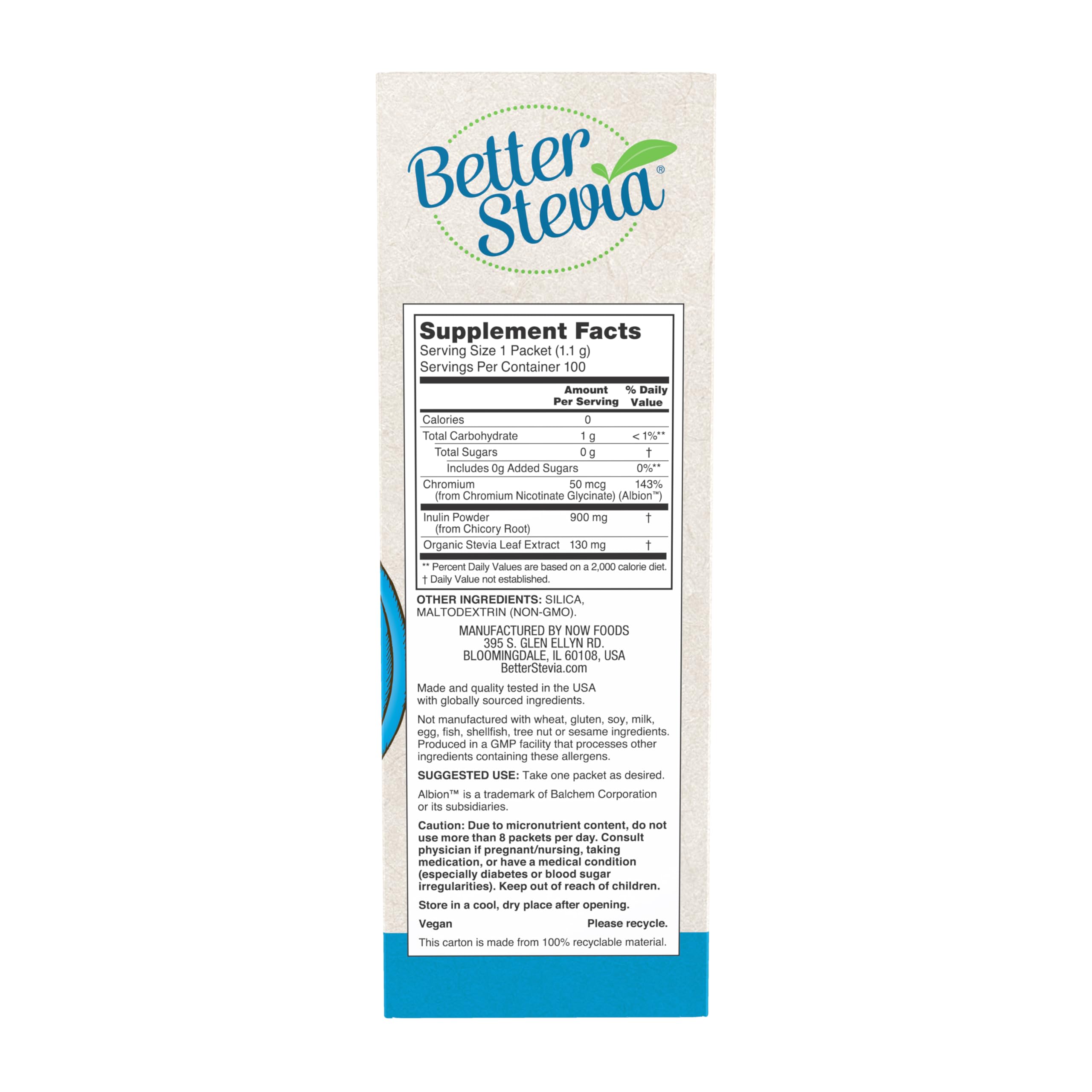 NOW Foods BetterStevia Balance ingredients label highlights chromium and inulin support.