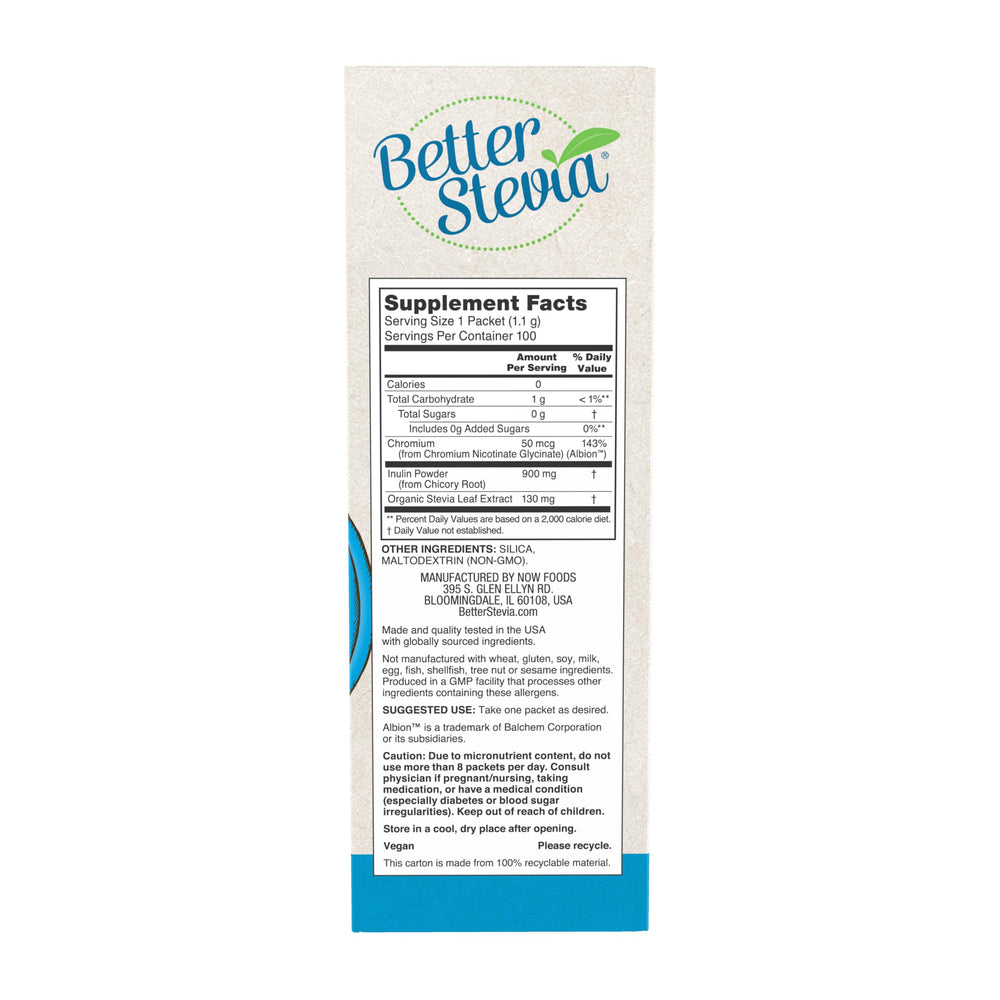 NOW Foods BetterStevia Balance ingredients label highlights chromium and inulin support.