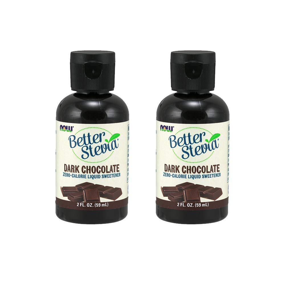 NOW Foods BetterStevia Liquid dark chocolate bottle for zero-calorie sweetness in beverages