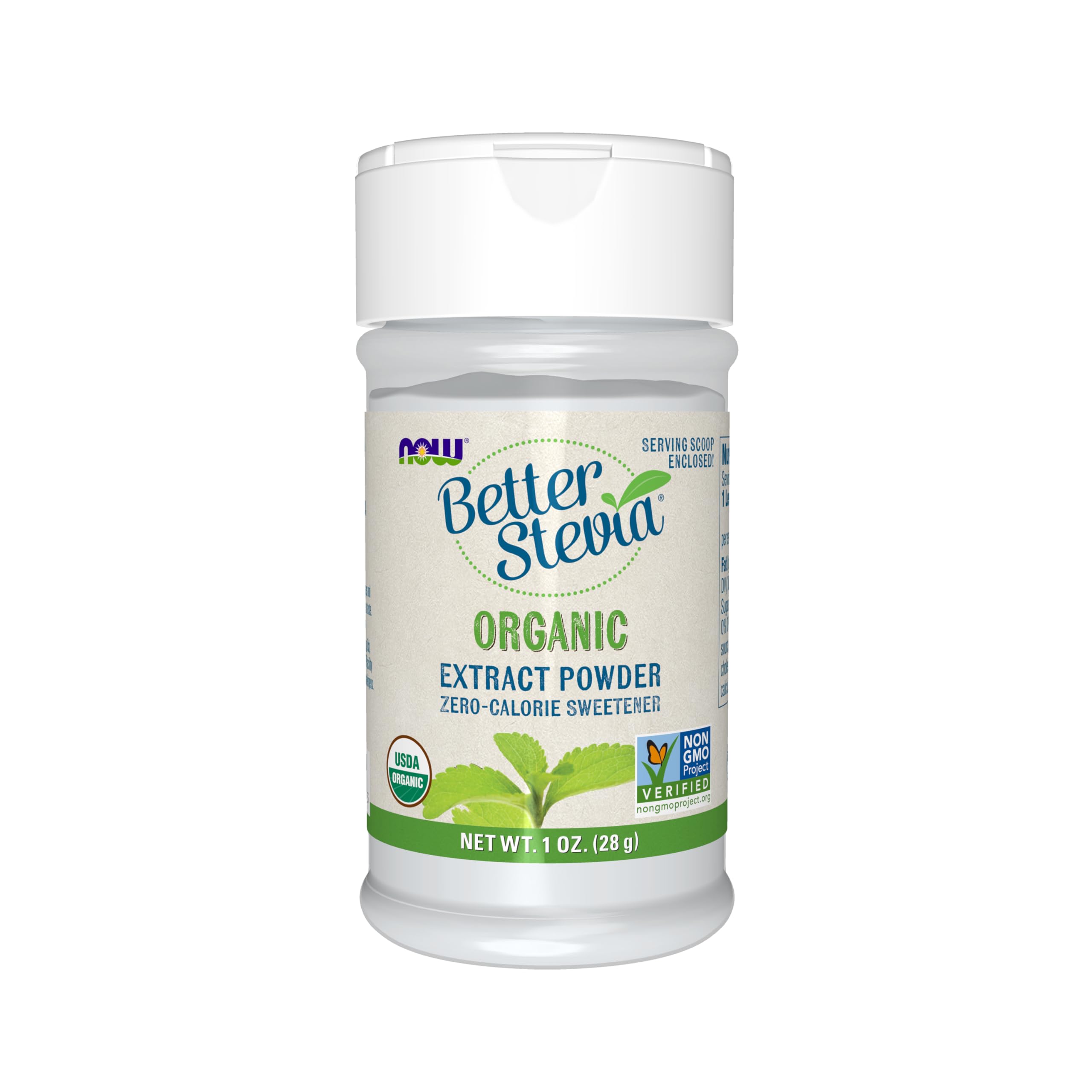 NOW Foods BetterStevia organic extract powder bottle for zero-calorie sweetness.