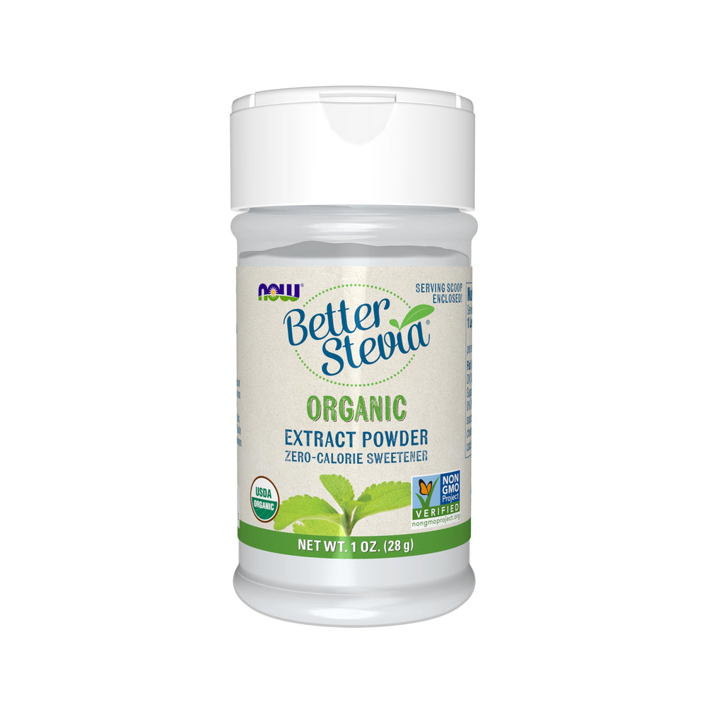 NOW Foods BetterStevia organic extract powder bottle for zero-calorie sweetness.