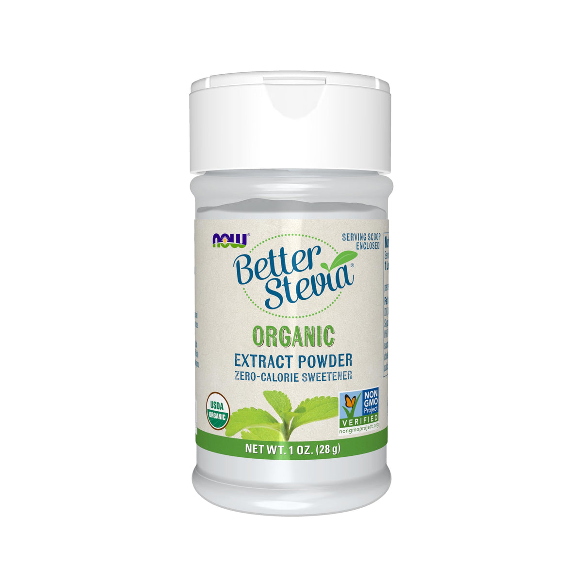 NOW Foods BetterStevia organic extract powder bottle for zero-calorie sweetness.
