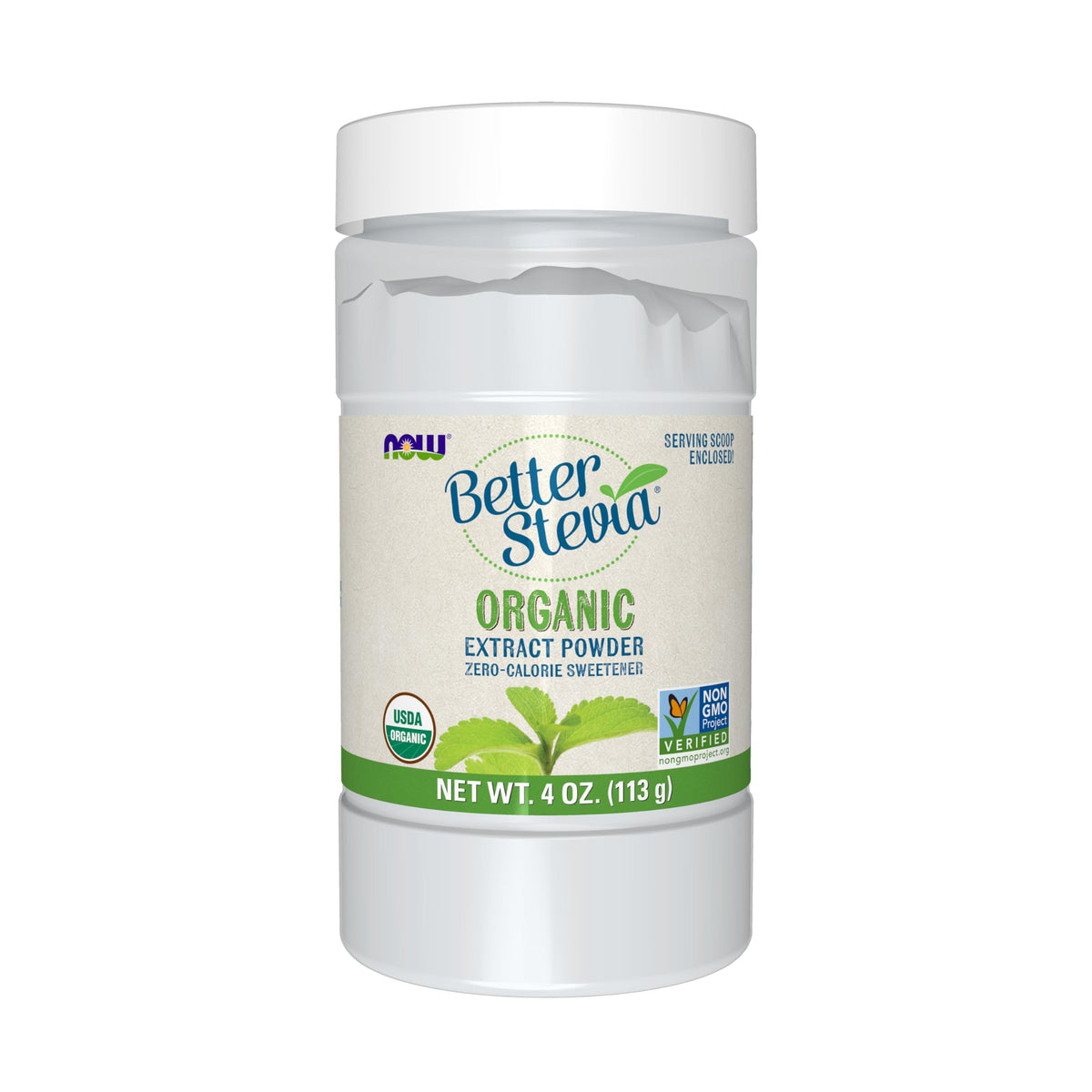 NOW Foods BetterStevia organic bottle label showing certification and zero-calorie sweetness