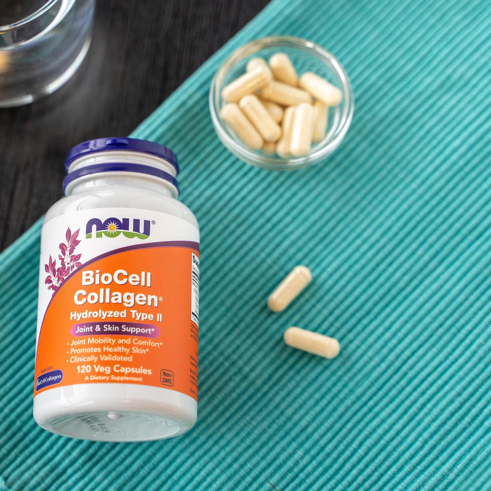 NOW Foods BioCell Collagen capsules in hand show portable daily option