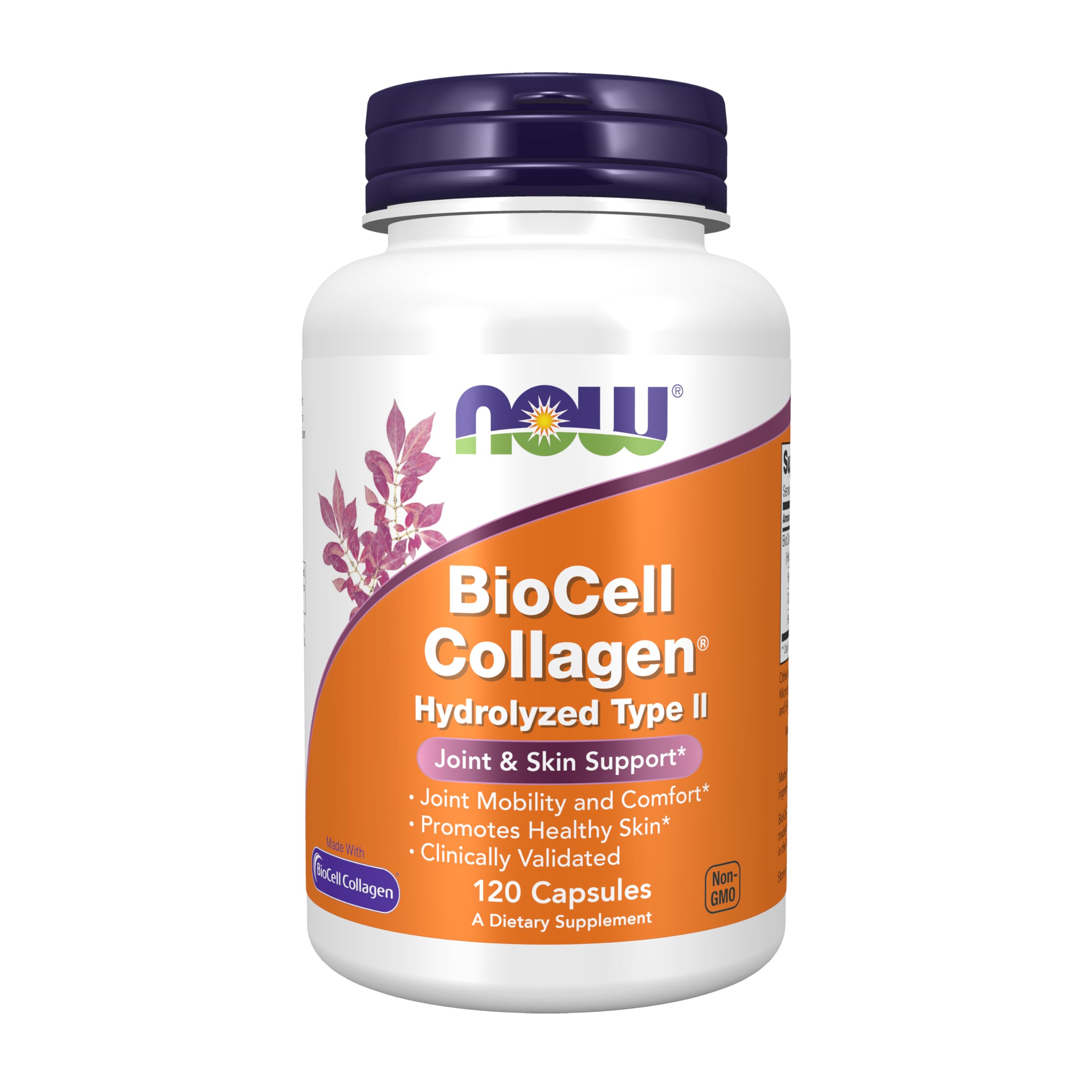 NOW Foods BioCell Collagen bottle shows hydrolyzed Type II formula for joints and skin moisture