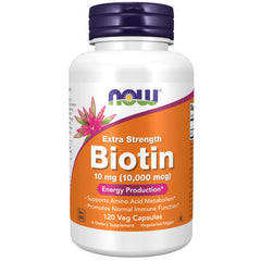 NOW Foods Biotin 10 mg bottle illustrates daily energy support and metabolism
