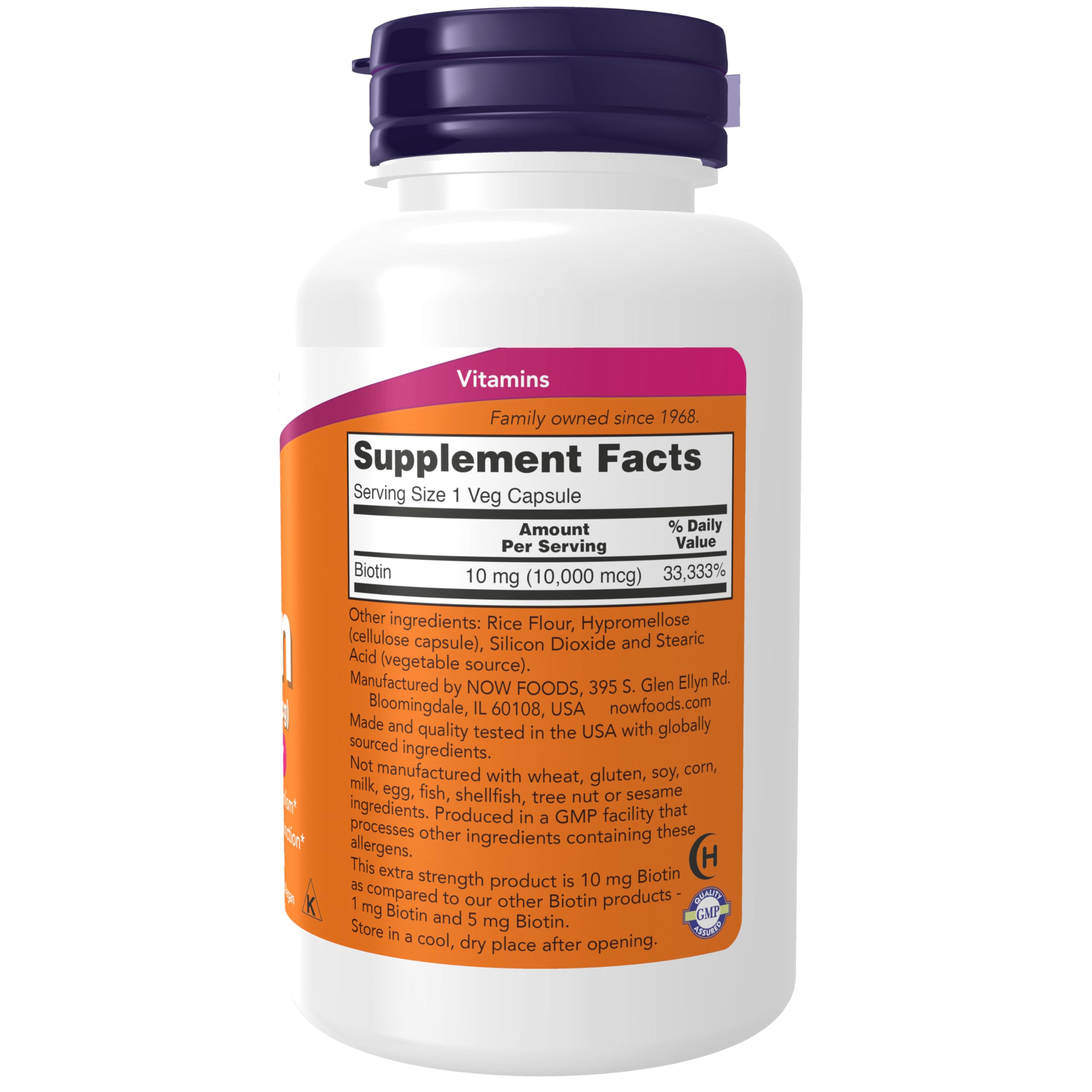 NOW Foods Biotin 10 mg capsules shown for convenient daily supplementation