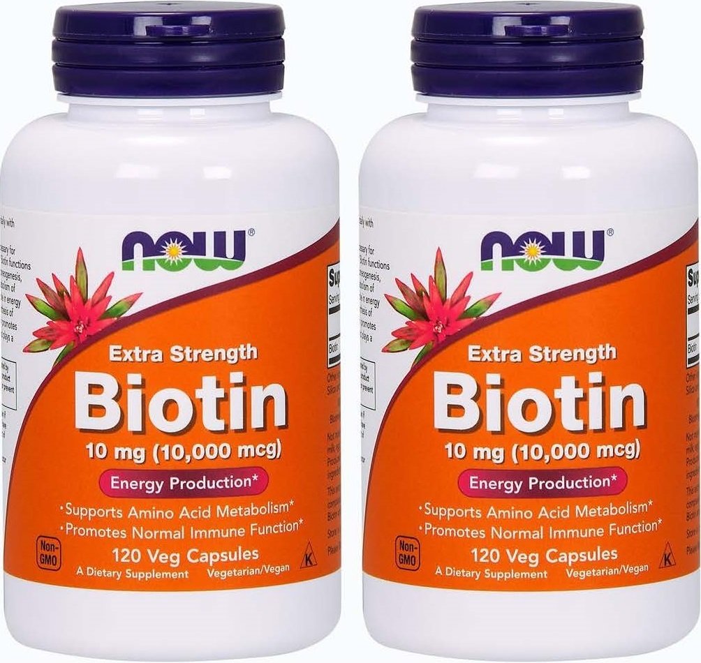 NOW Foods Biotin 10 mg bottle and caps – daily supplement for hair, skin, nails.