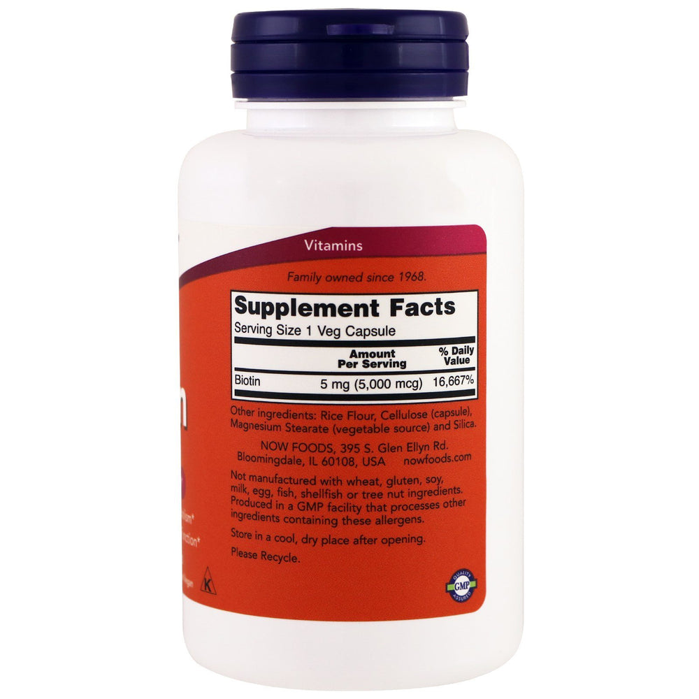 NOW Biotin 5000 mcg bottle contents showing capsules for metabolism.
