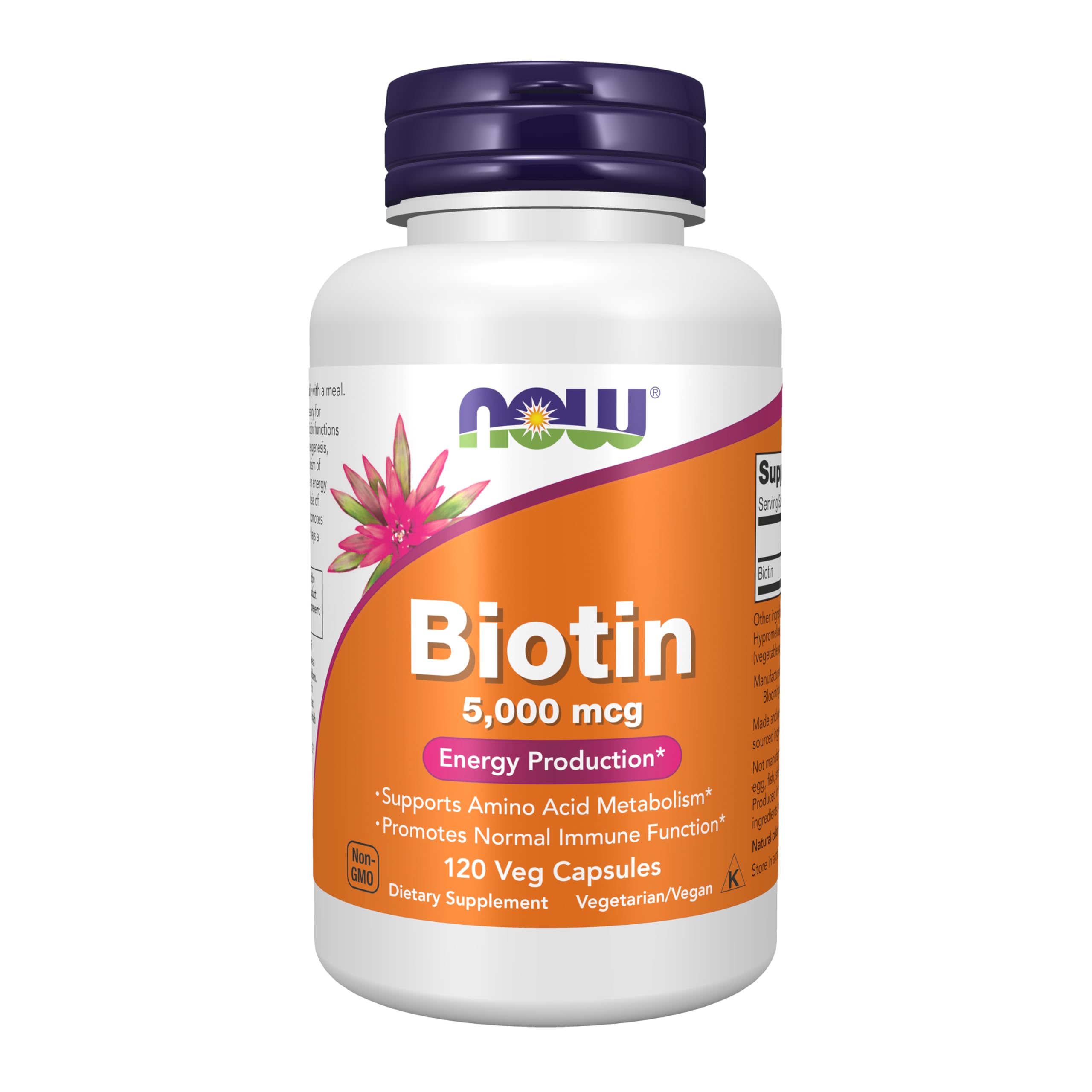 NOW Foods Biotin 5000 mcg bottle supports hair, skin, and nails.