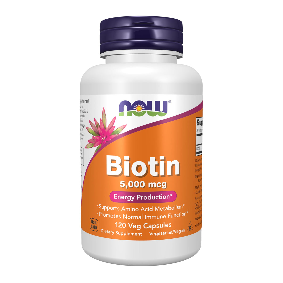 NOW Foods Biotin 5000 mcg bottle supports hair, skin, and nails.