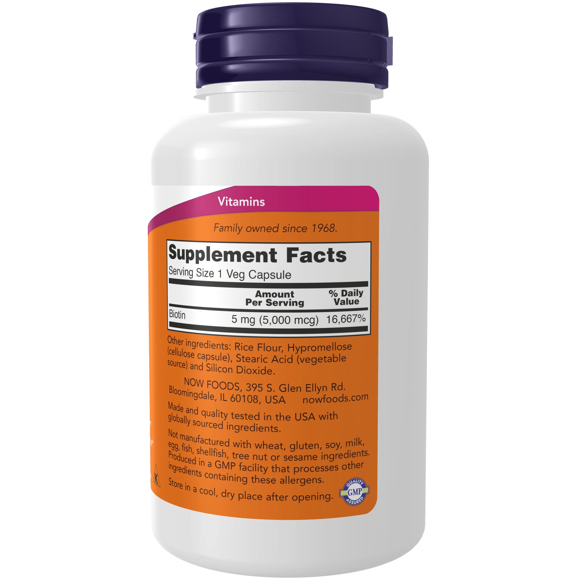 NOW Foods Biotin label closeup on capsules highlighting essential nutrient features