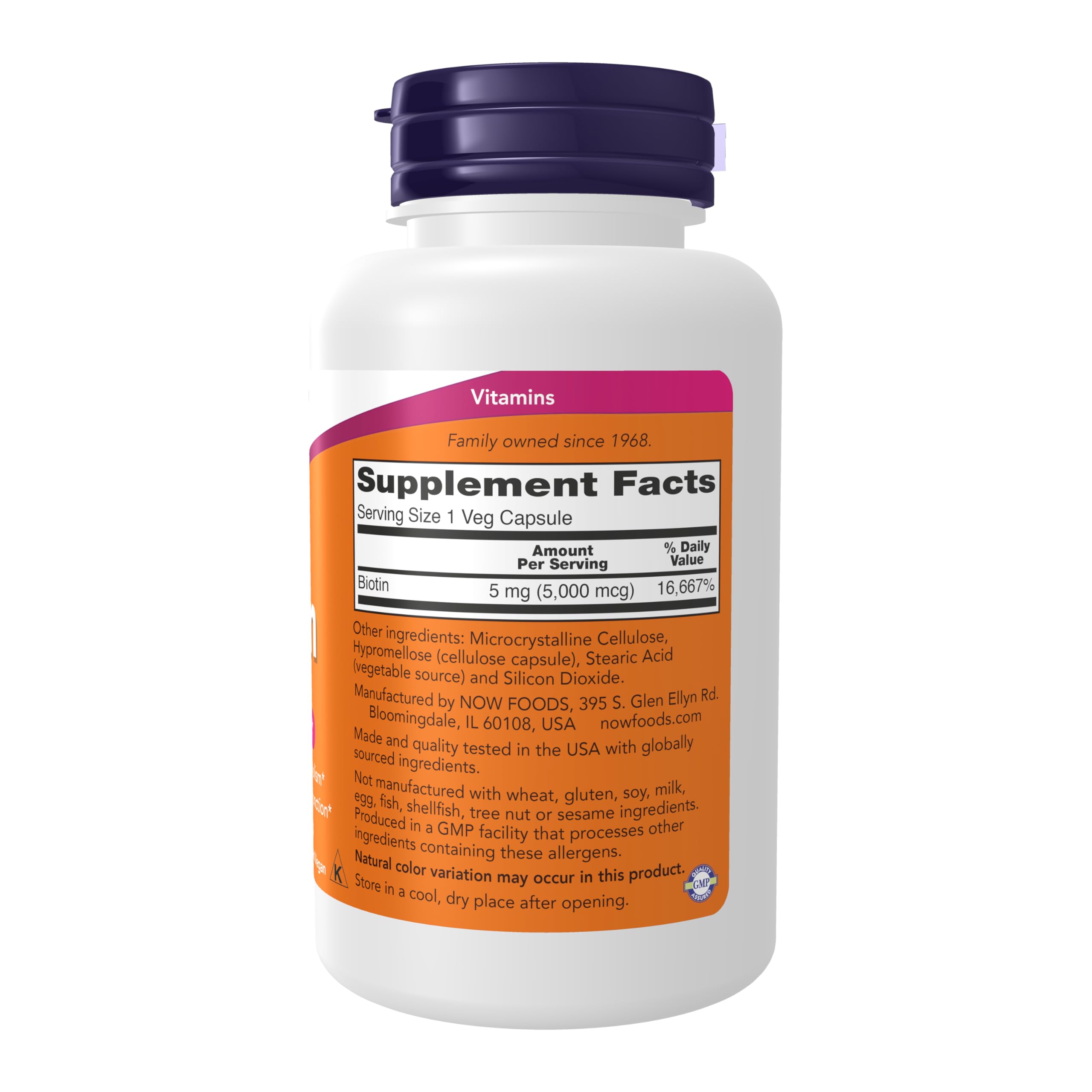 NOW Foods Biotin 5000 mcg capsules promote energy metabolism and amino acid processing.