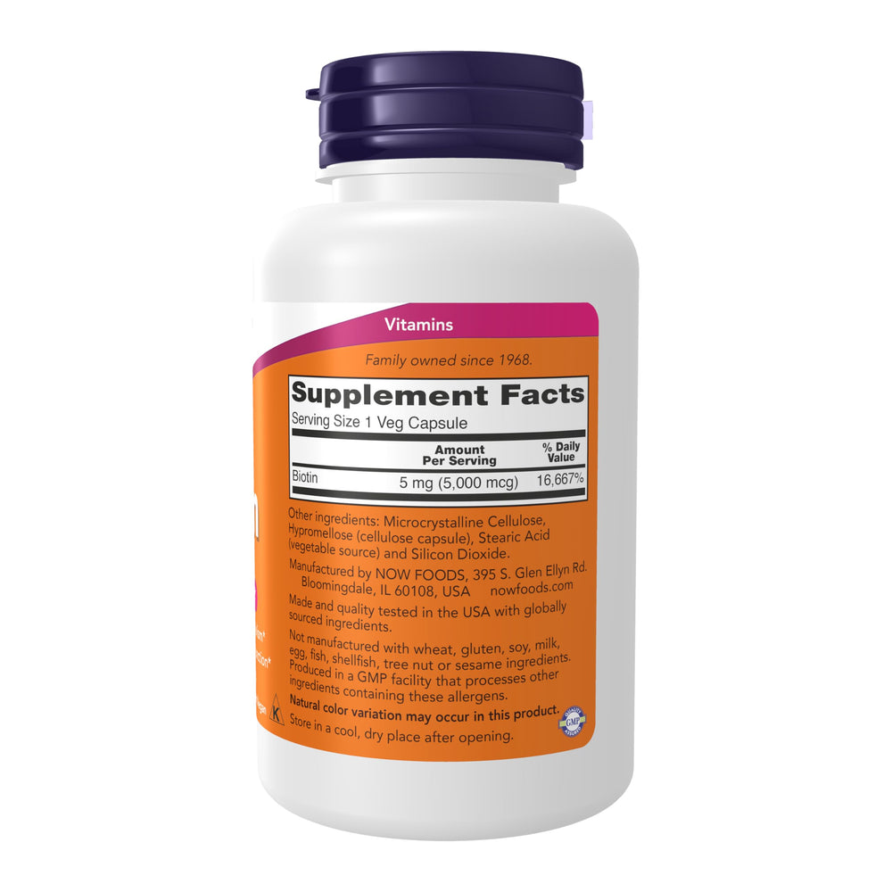 NOW Foods Biotin 5000 mcg capsules promote energy metabolism and amino acid processing.