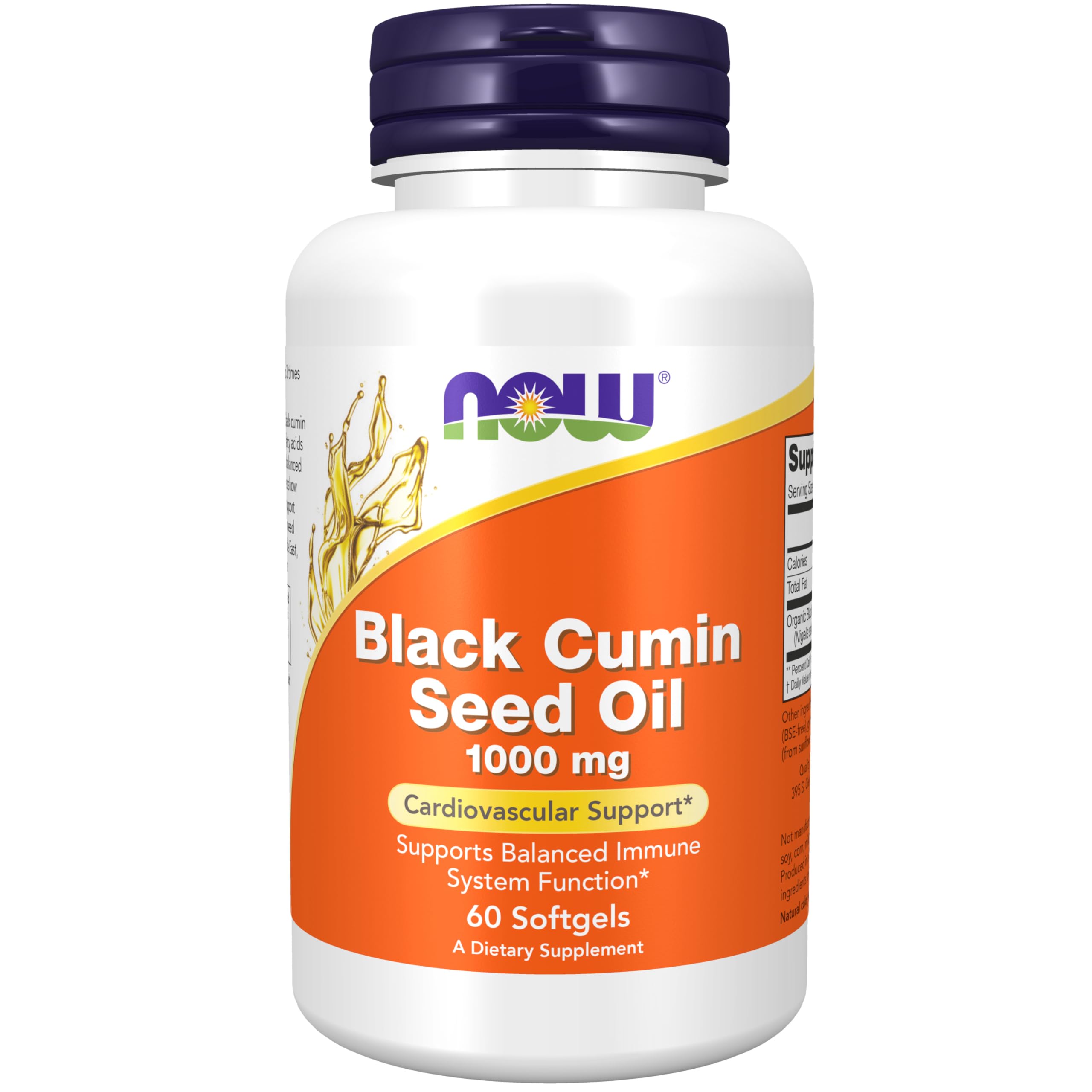 NOW Foods black cumin seed oil bottle with label signaling cardiovascular support potential.