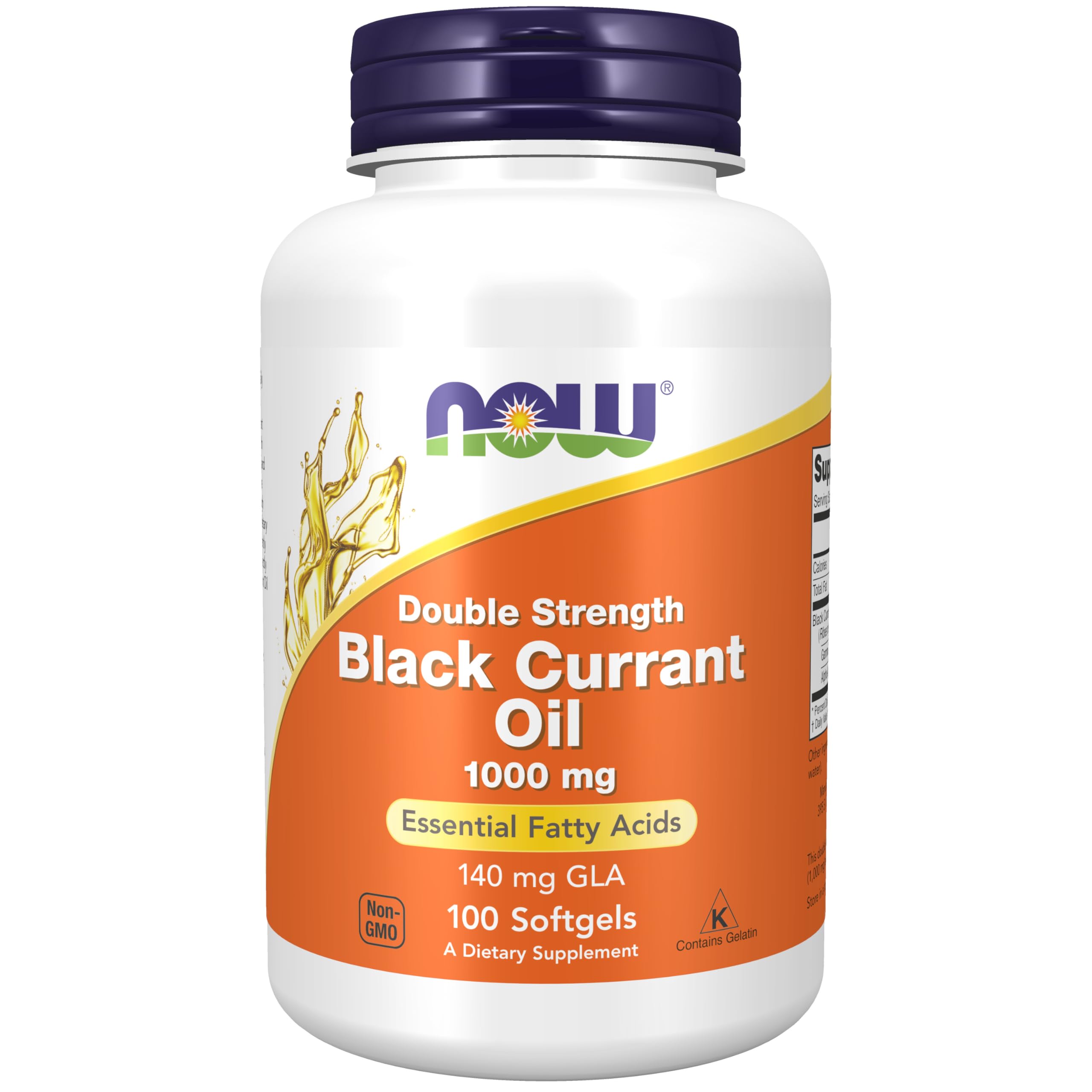 NOW Foods Black Currant Oil bottle on a countertop supports daily essential fatty acid intake.