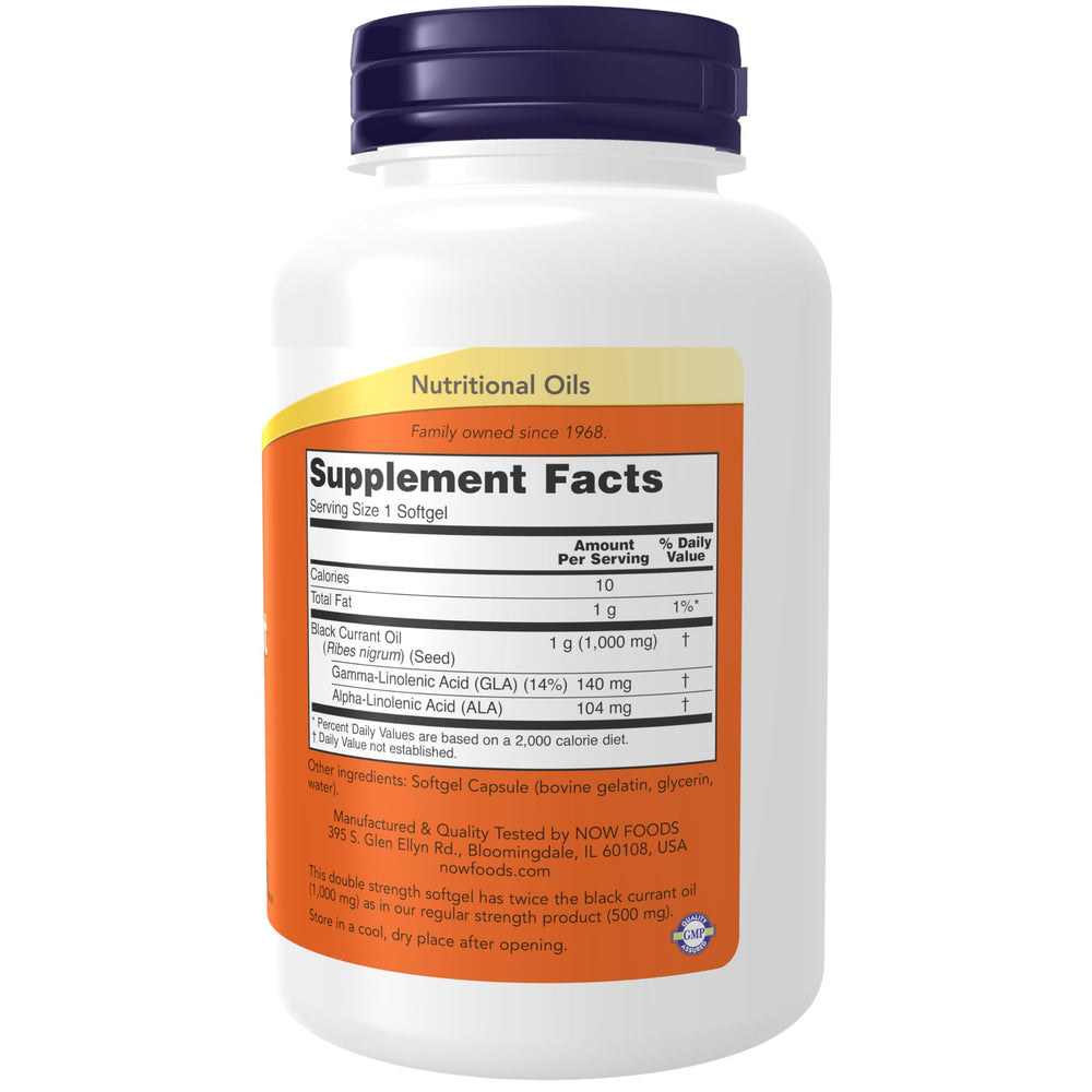 NOW Foods Black Currant Oil softgels close-up, easy-to-take capsules rich in GLA.