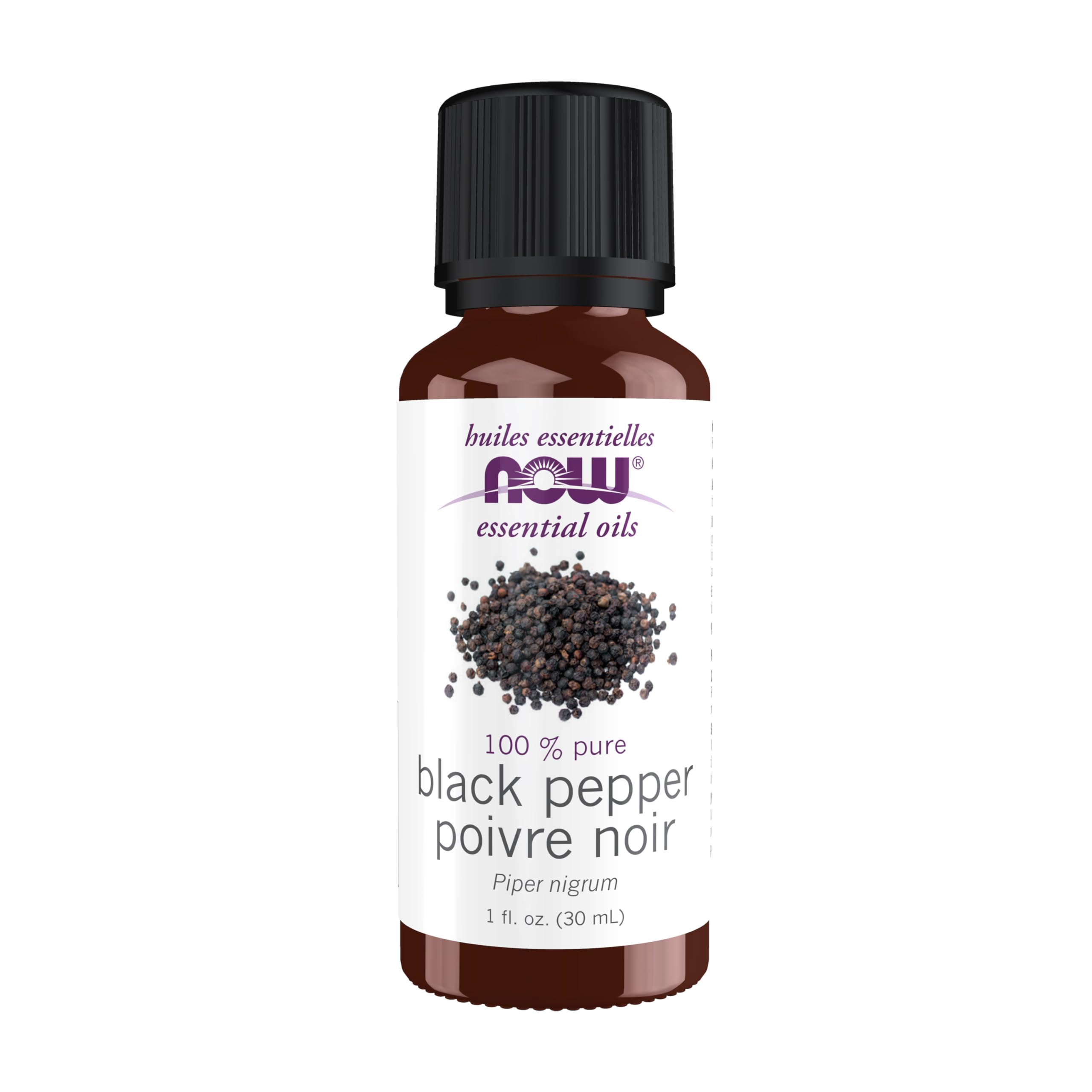 NOW Foods Black Pepper Oil bottle with warming, focusing aroma.