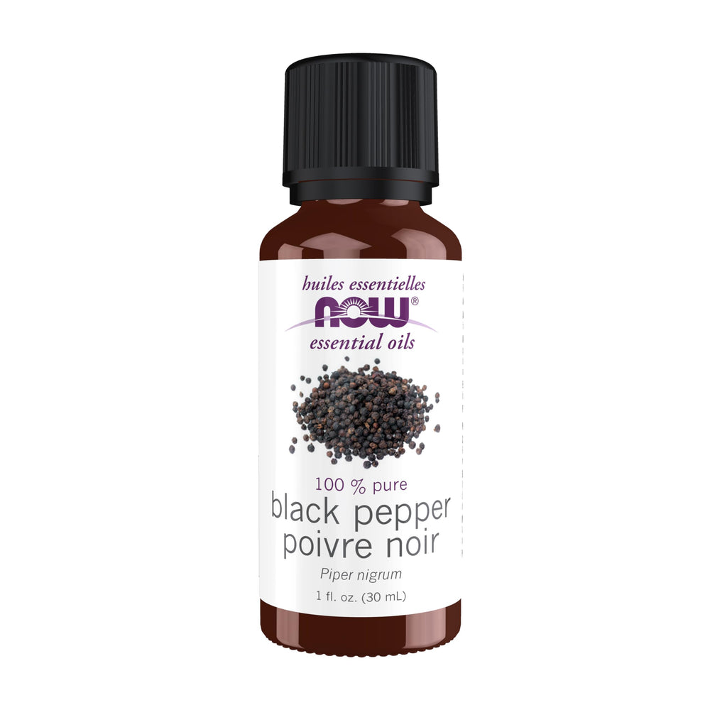 NOW Foods Black Pepper Oil bottle with warming, focusing aroma.