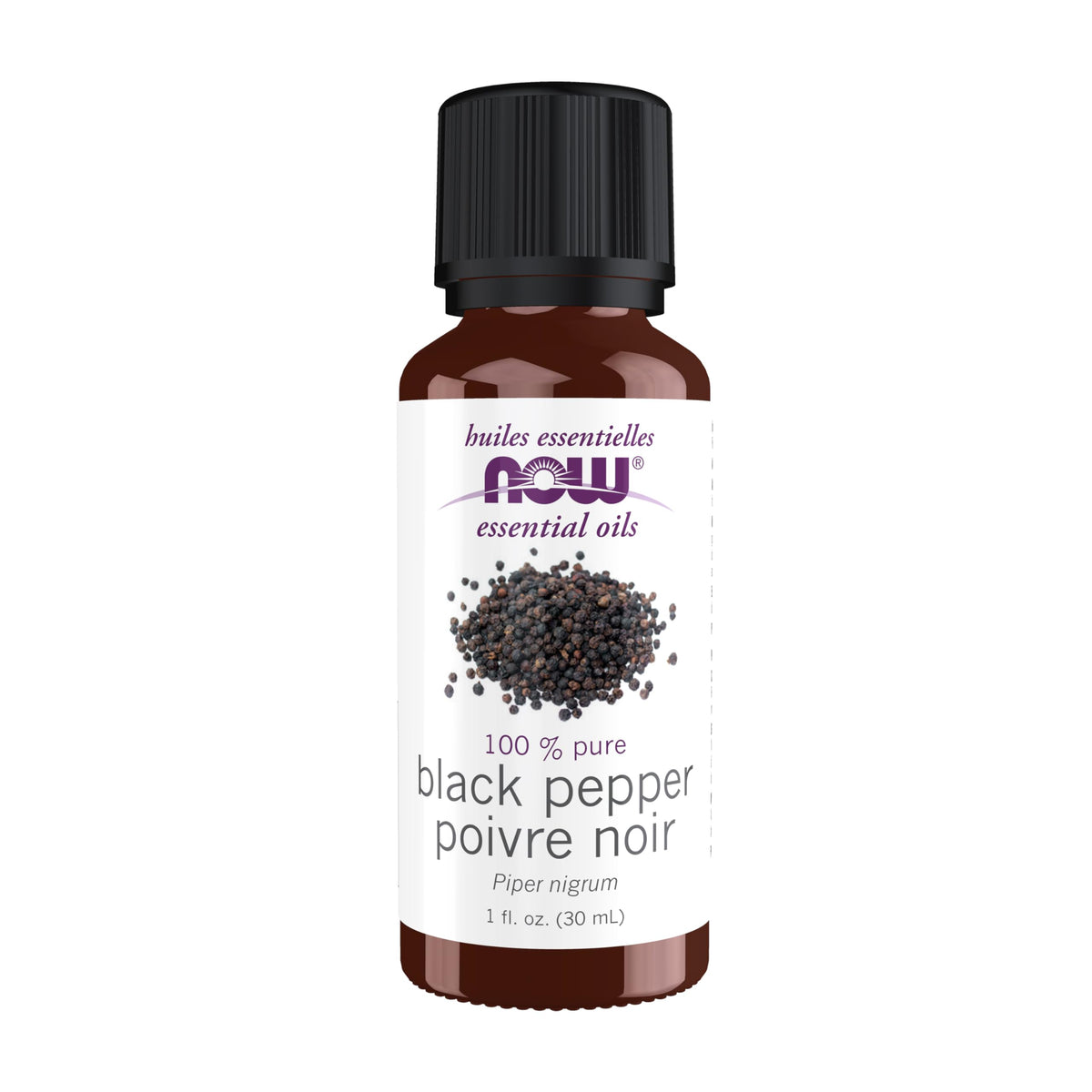 NOW Foods Black Pepper Oil bottle with warming, focusing aroma.