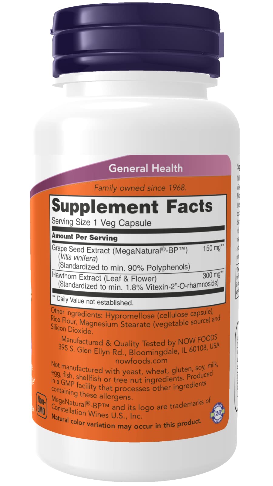 NOW Foods Blood Pressure Health bottle back label with dosage details for informed use.