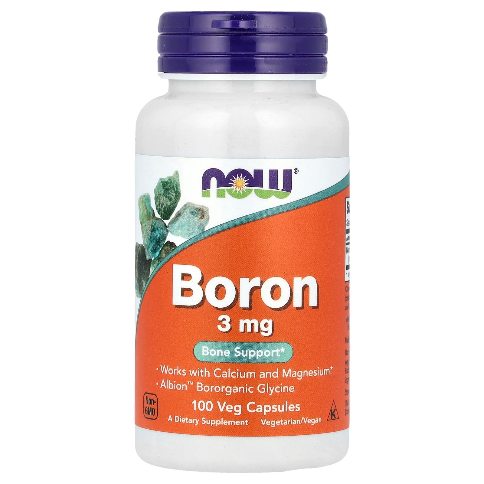 NOW Foods Boron 3mg bottle with 100 capsules for daily mineral support.